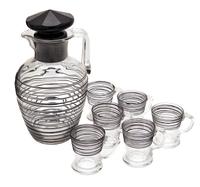 Steuben, , a black threaded-glass water pitcher with 6 small cups