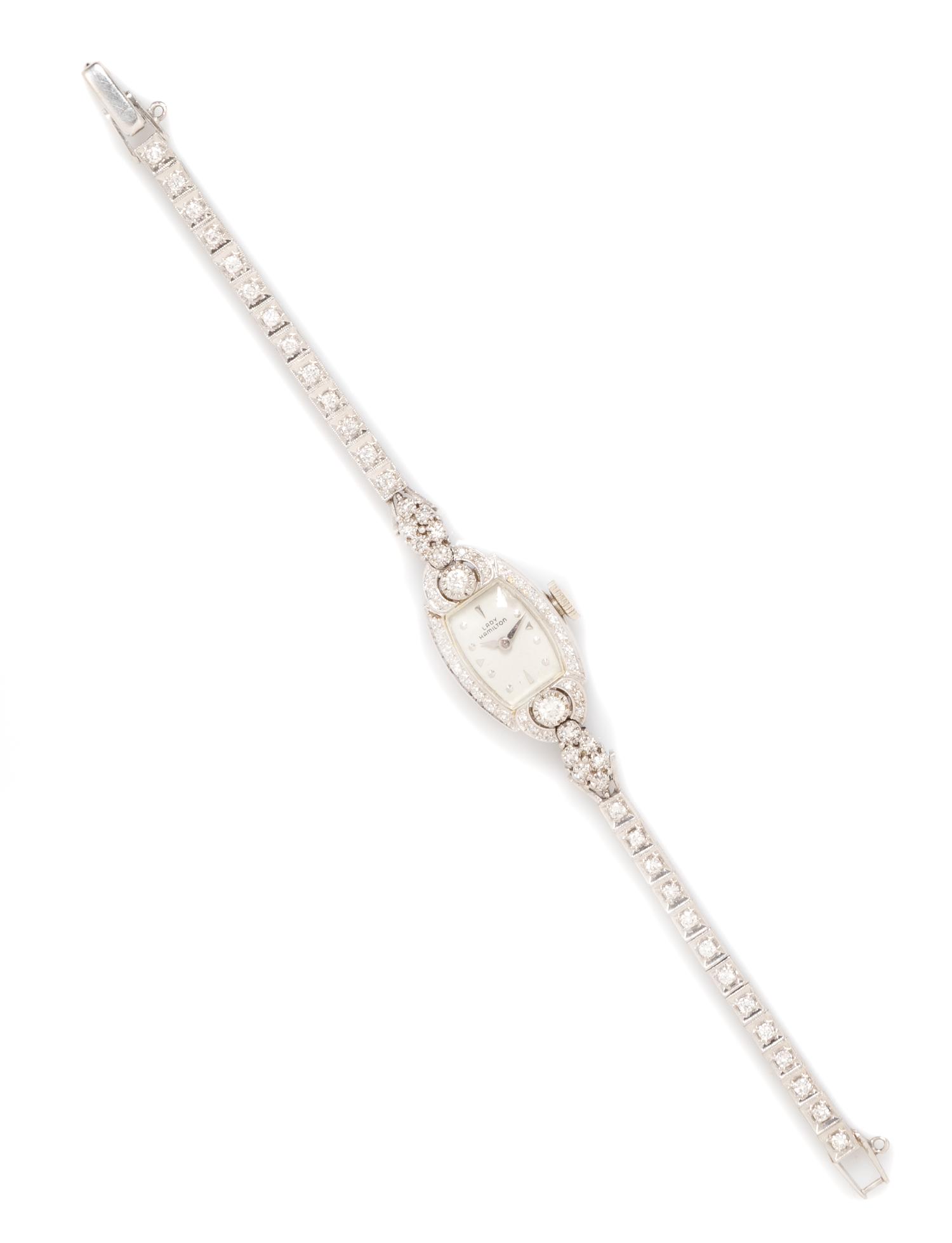 A 14 Karat White Gold, Platinum and Diamond 'Lady Hamilton' Wristwatch, Hamilton,