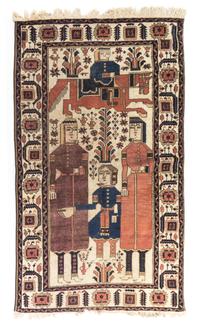 A Persian Pictorial Wool Rug 5 feet 8 inches x 3 feet 8 inches.