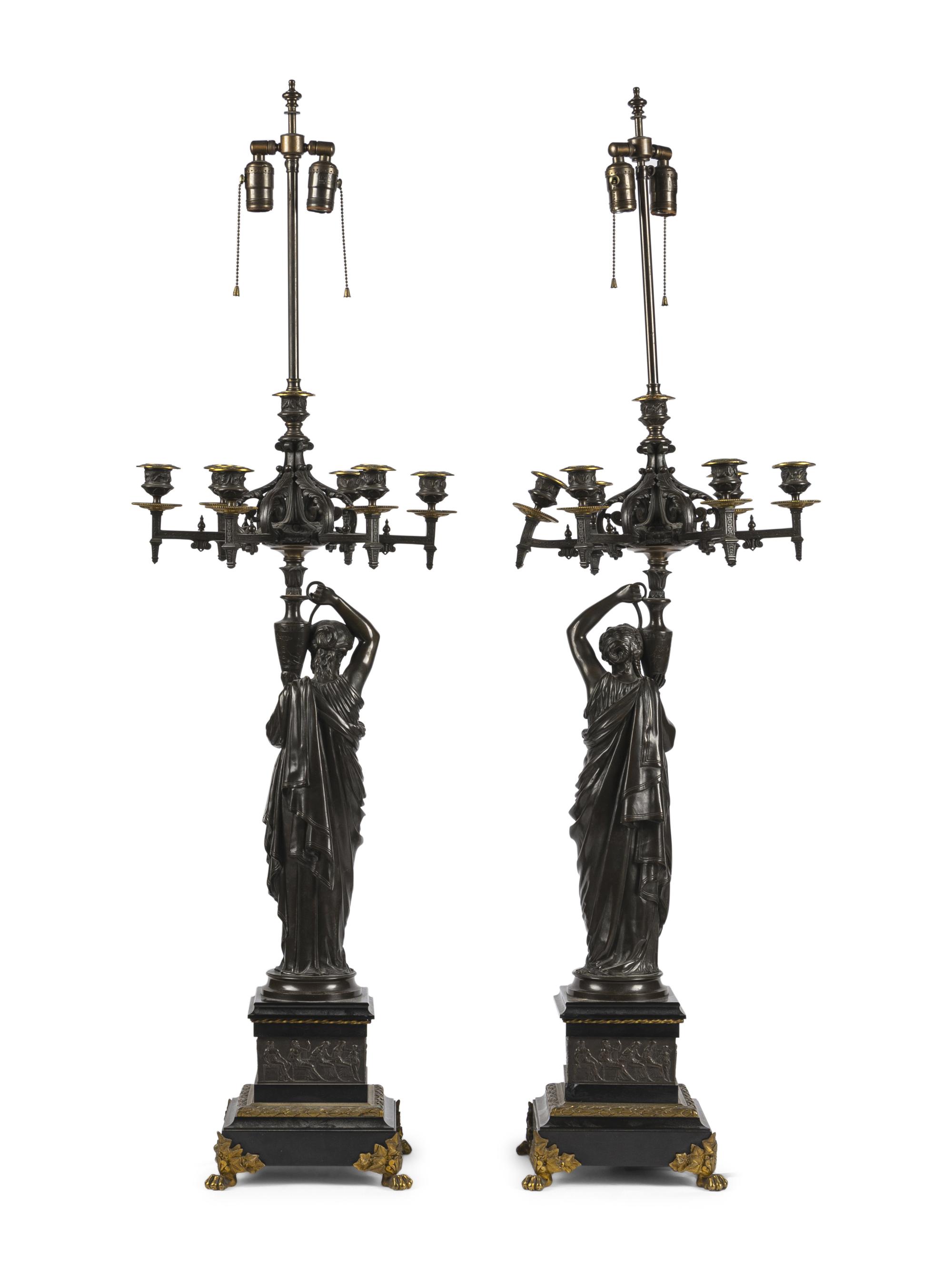 A Pair of Continental Bronze Figural Seven-Light Candelabra Mounted as Lamps