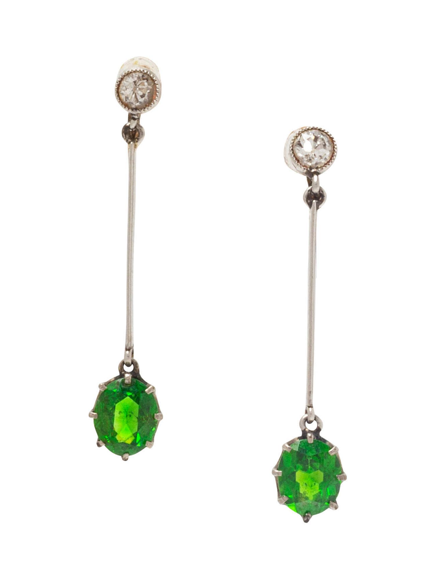 A Pair of Yellow Gold, Platinum, Demantoid Garnet and Diamond Earclips,