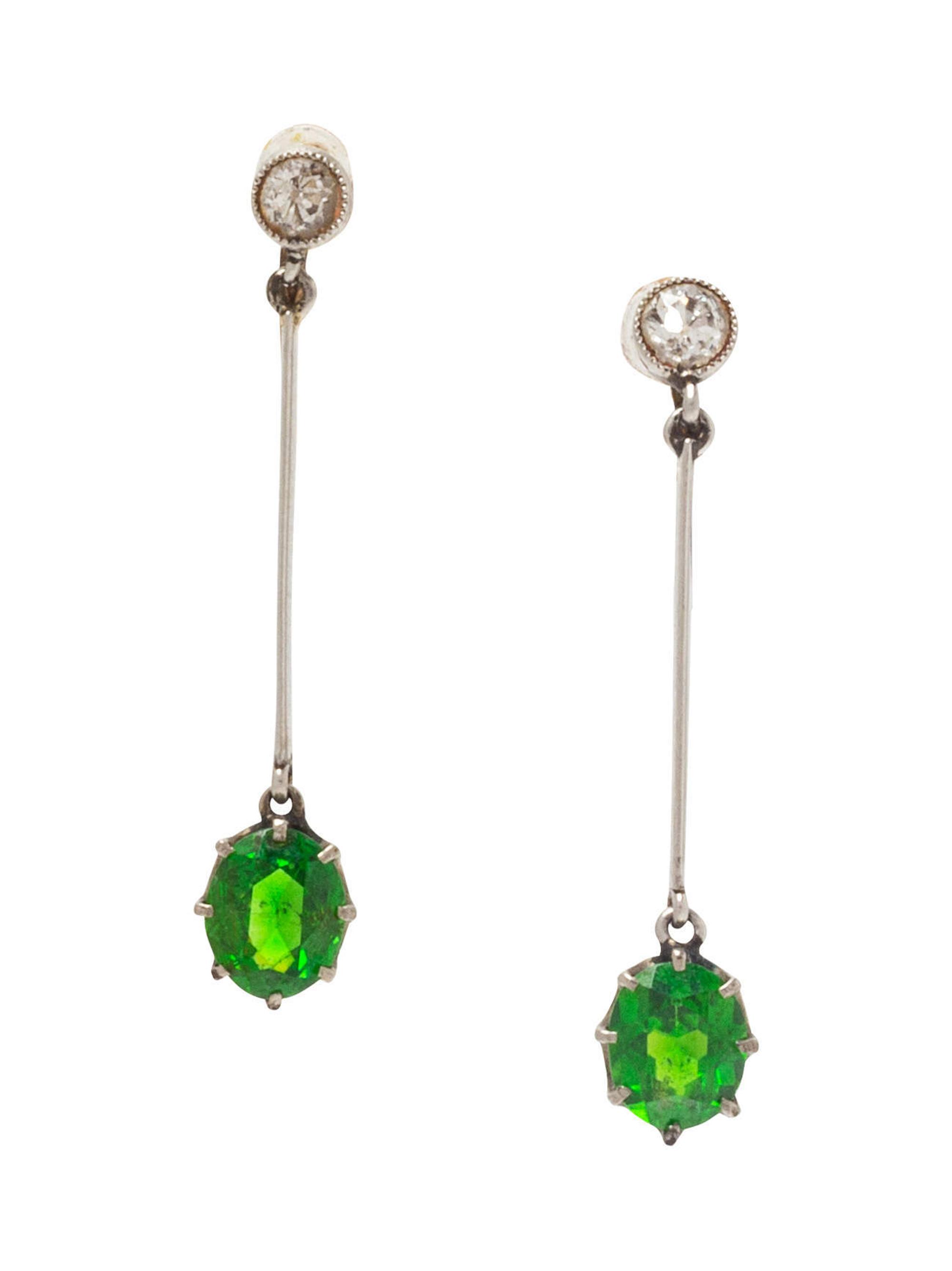 A Pair of Yellow Gold, Platinum, Demantoid Garnet and Diamond Earclips,