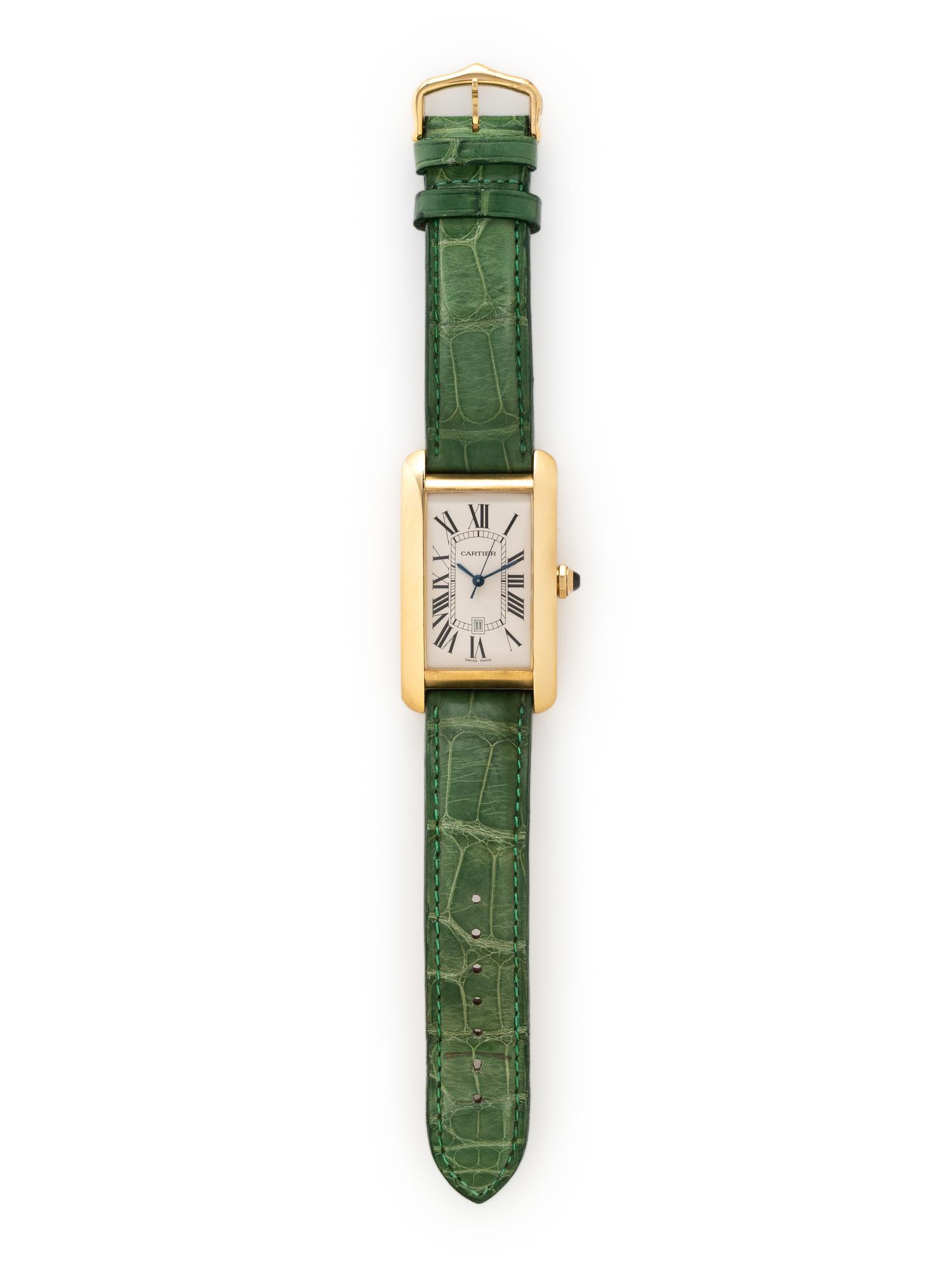 CARTIER, REF. 1740 18K YELLOW GOLD LARGE 'TANK AMÉRICAINE' DATE WATCH WITH CARTIER BUCKLE