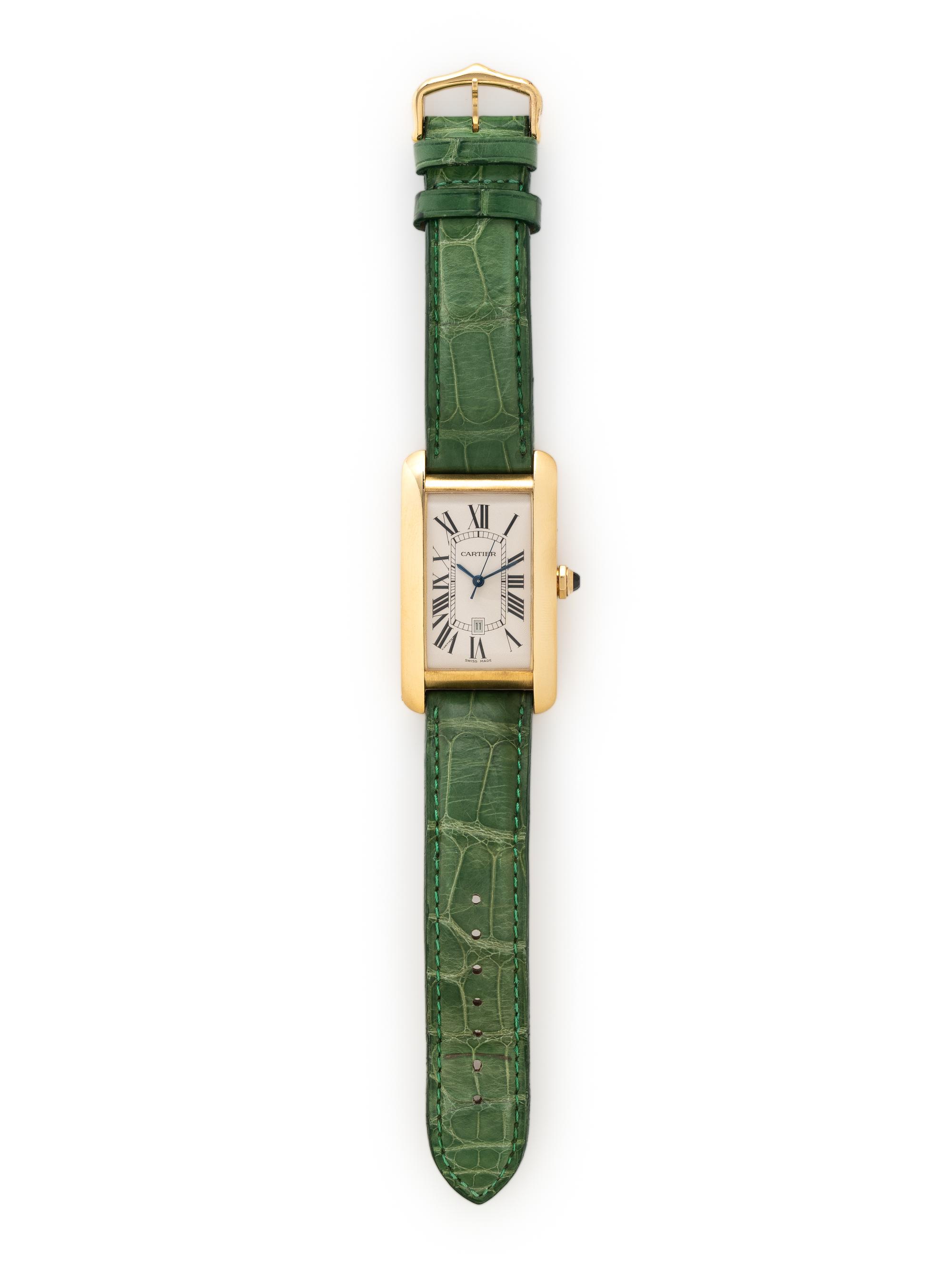 CARTIER, REF. 1740 18K YELLOW GOLD LARGE 'TANK AMÉRICAINE' DATE WATCH WITH CARTIER BUCKLE