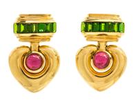 A Pair Of 18 Karat Yellow Gold and Garnet Earclips, J. Stevens, 25.00 dwts.
