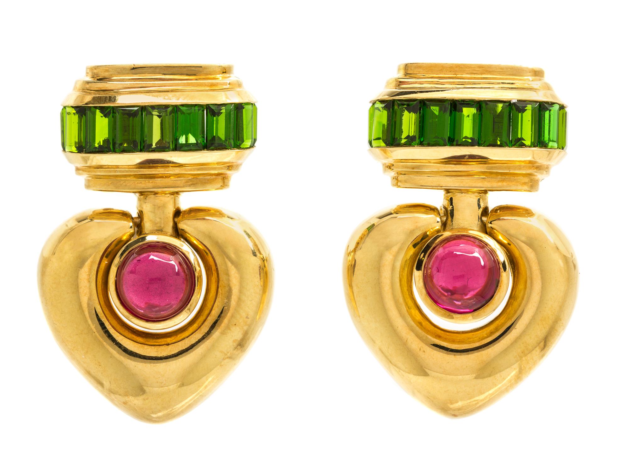 A Pair Of 18 Karat Yellow Gold and Garnet Earclips, J. Stevens, 25.00 dwts.