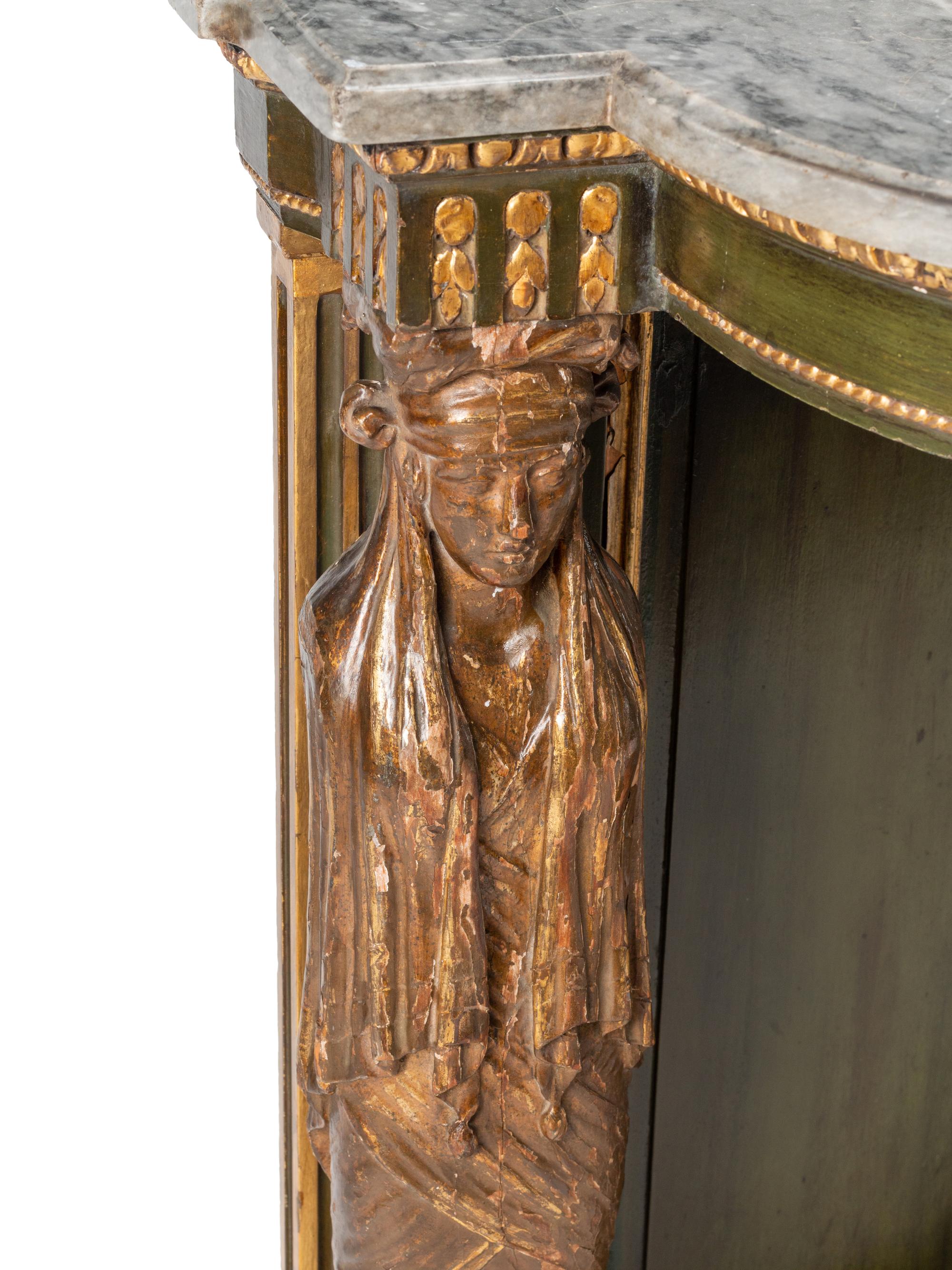 A North European Green Painted and Parcel Gilt Marble-Top Pier Table