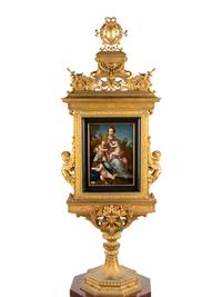 A French Gilt Bronze Double-Sided Tabernacle Encasing Two Enameled Plaques on Marble Pedestal