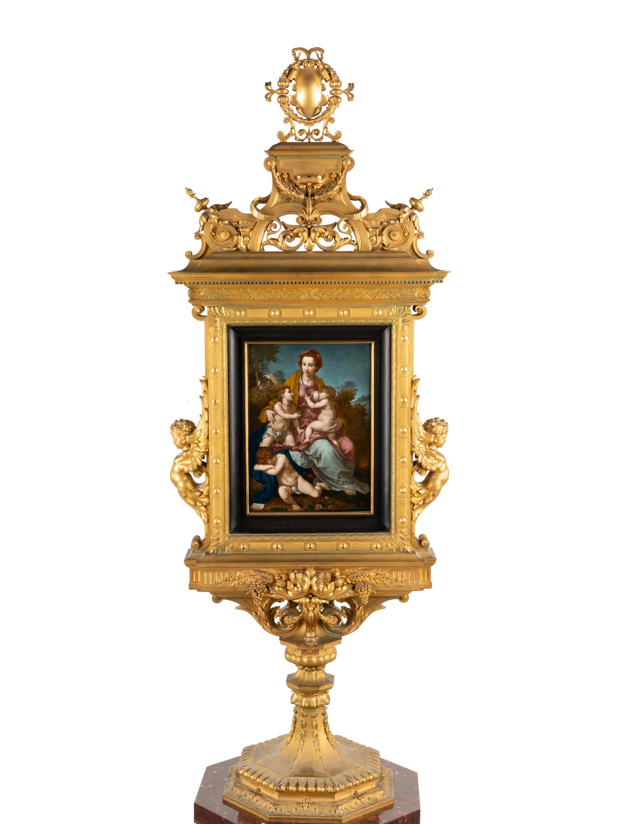 A French Gilt Bronze Double-Sided Tabernacle Encasing Two Enameled Plaques on Marble Pedestal