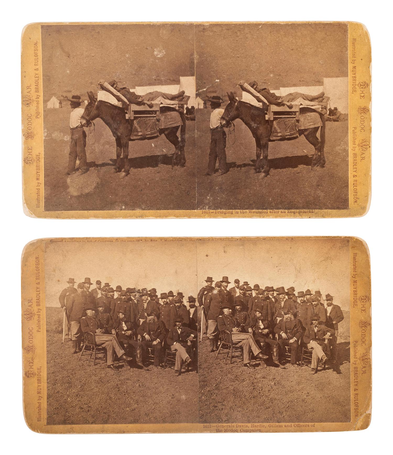 [NATIVE AMERICANS]. MUYBRIDGE, Eadweard (1830-1904), photographer. A group of 2 stereoviews from the "Modoc War" series. San Francisco, CA: Bradley & Rulofson.