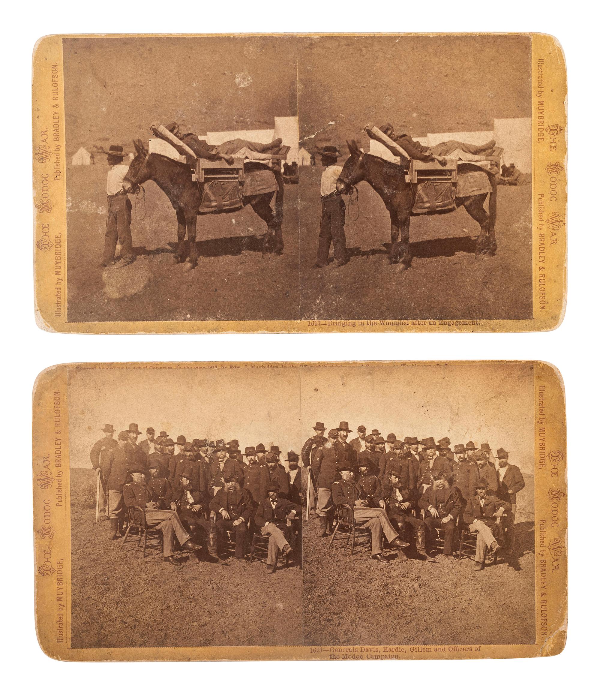 [NATIVE AMERICANS]. MUYBRIDGE, Eadweard (1830-1904), photographer. A group of 2 stereoviews from the "Modoc War" series. San Francisco, CA: Bradley & Rulofson.