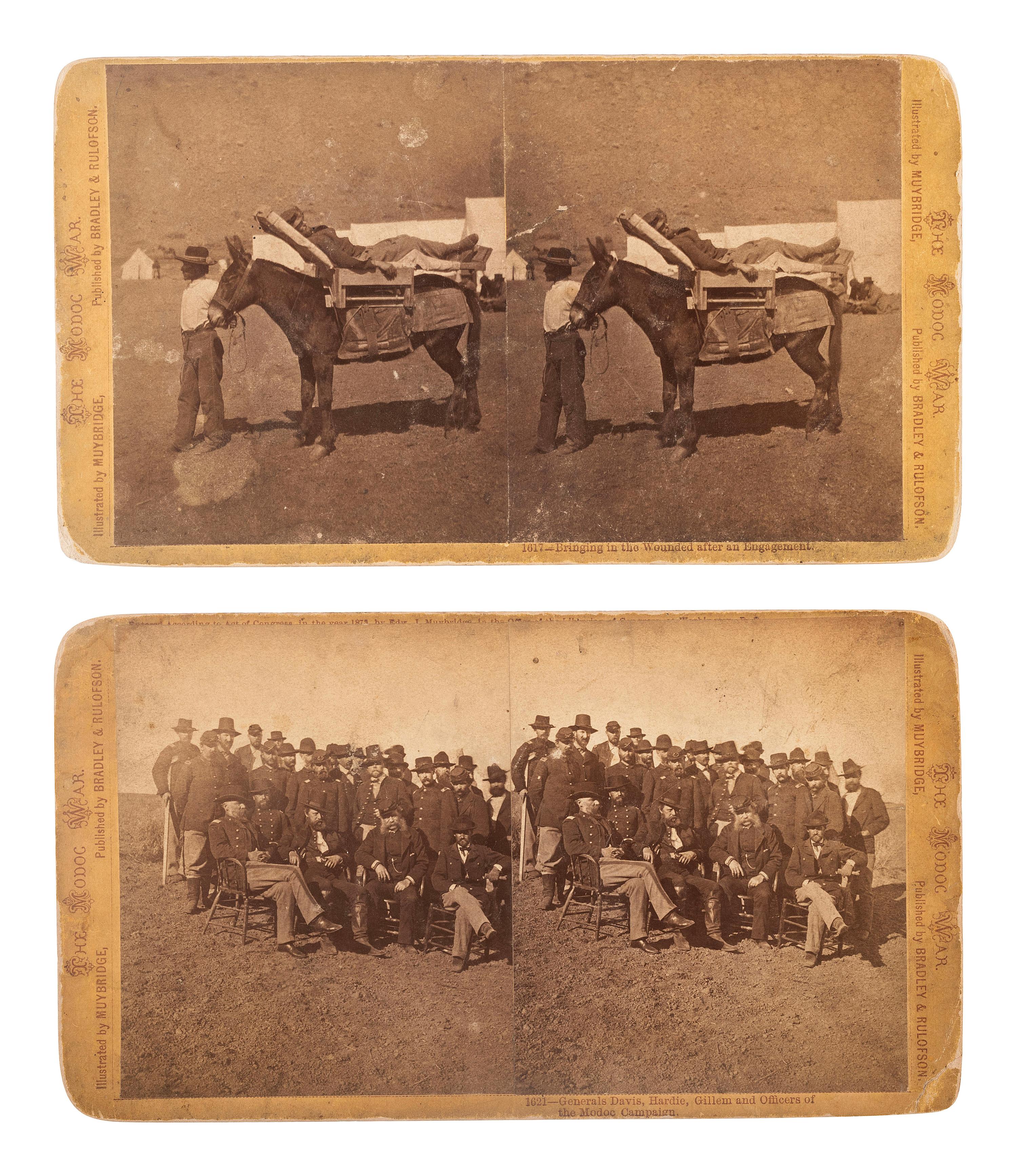 [NATIVE AMERICANS]. MUYBRIDGE, Eadweard (1830-1904), photographer. A group of 2 stereoviews from the "Modoc War" series. San Francisco, CA: Bradley & Rulofson.