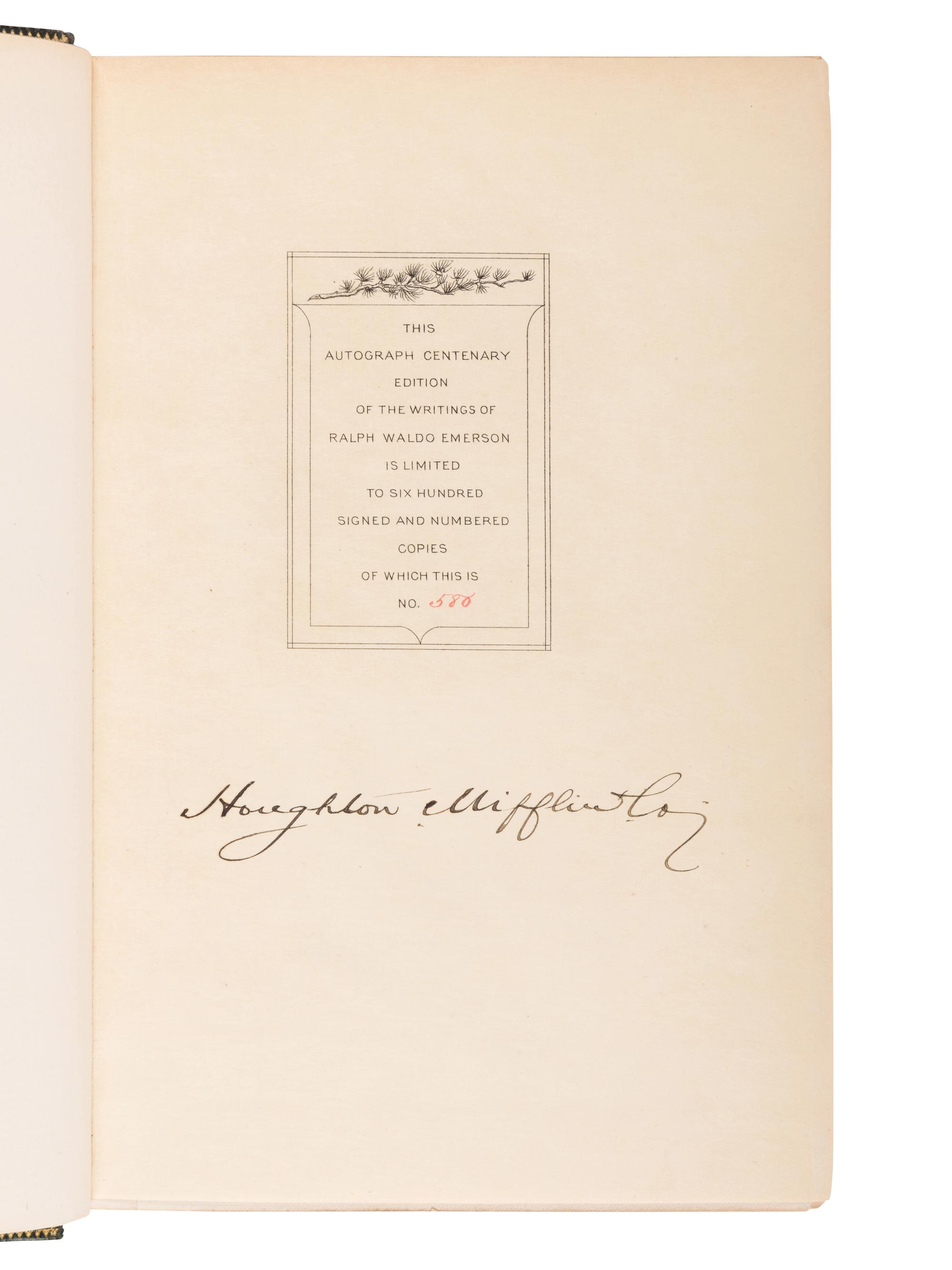 EMERSON, Ralph Waldo (1803-1882). The Complete Works of Ralph Waldo Emerson . Cambridge: Riverside Press for Houghton Mifflin and Company, [1903-1904].