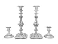 Two Pairs of English Silver-Plate Candlesticks