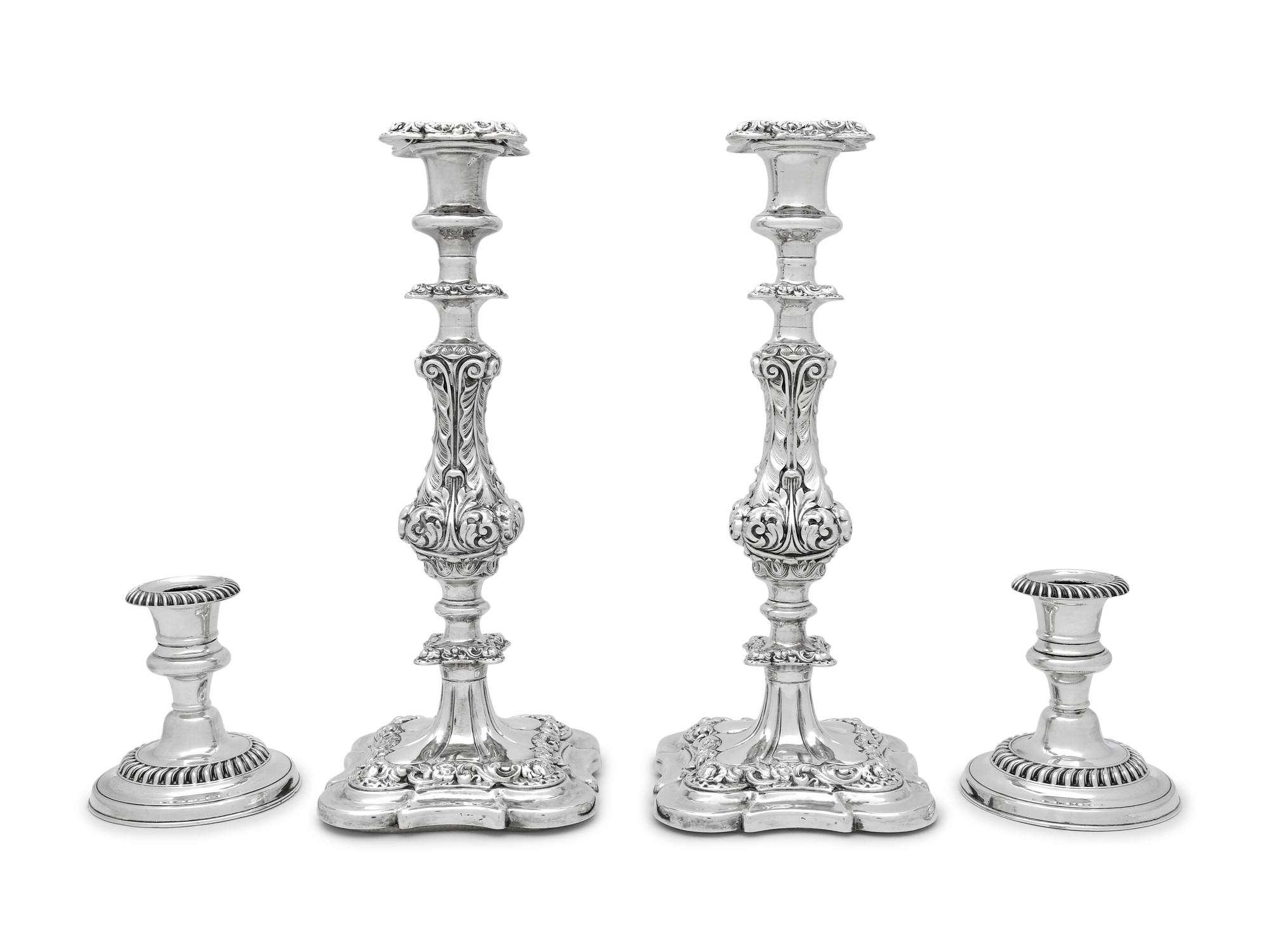 Two Pairs of English Silver-Plate Candlesticks