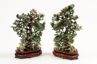 A Pair of Chinese Carved Hardstone Bird Groups with Wood Bases