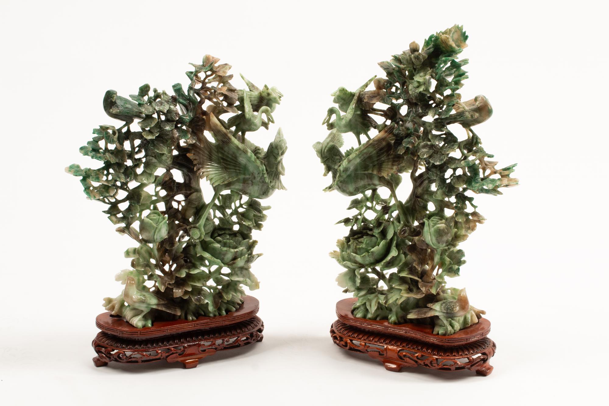 A Pair of Chinese Carved Hardstone Bird Groups with Wood Bases