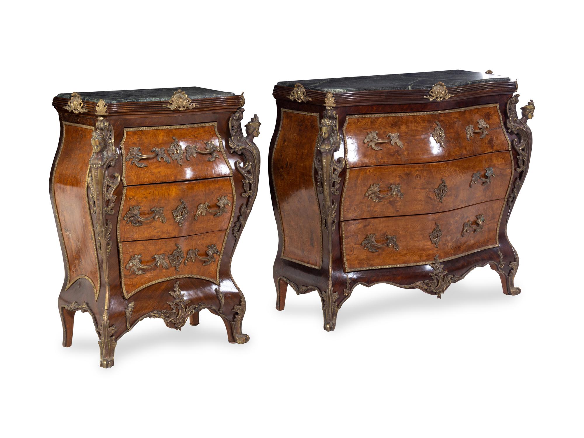 Two En Suite Louis XV Style Bronze Mounted Burlwood Chests of Drawers
