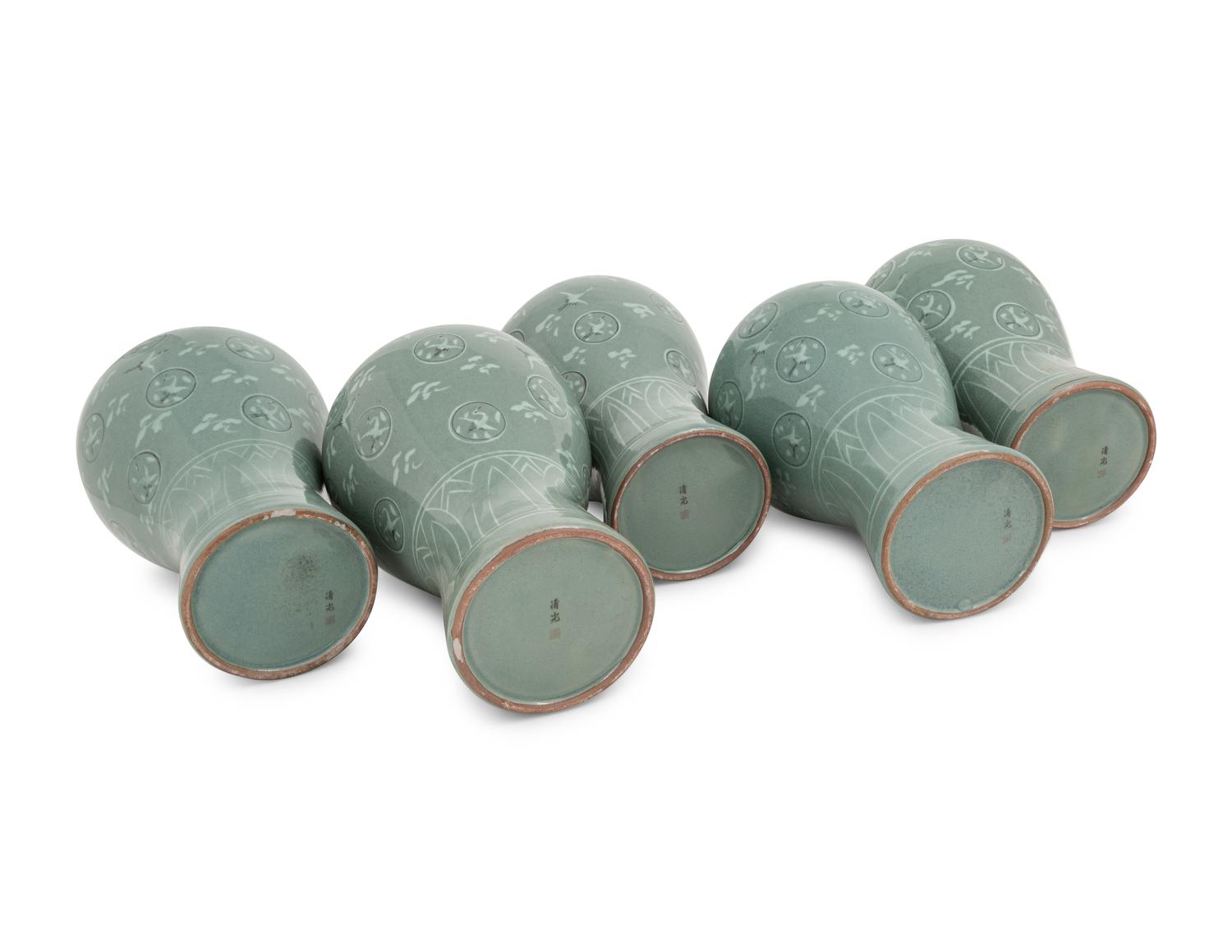 Five Korean Celadon Ground Porcelain 'Crane and Cloud' MaeByong Vases