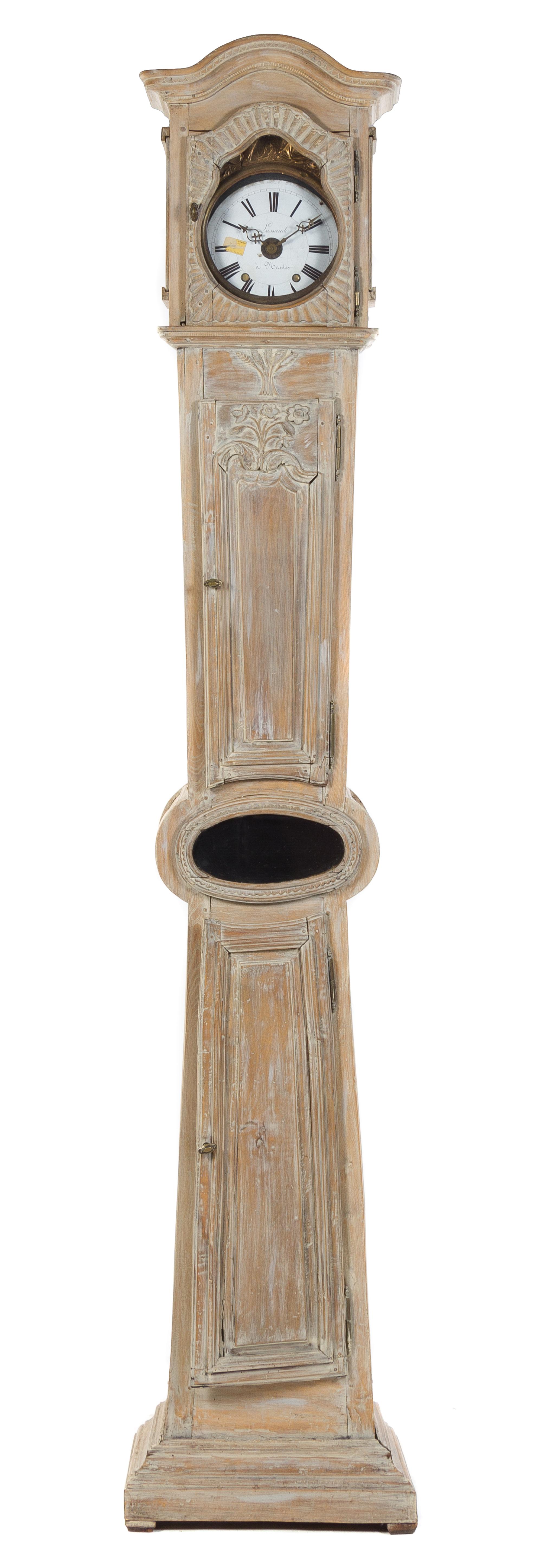 A French Provincial Limed Wood Tall Case Clock Height 94 inches. — 19TH CENTURY
