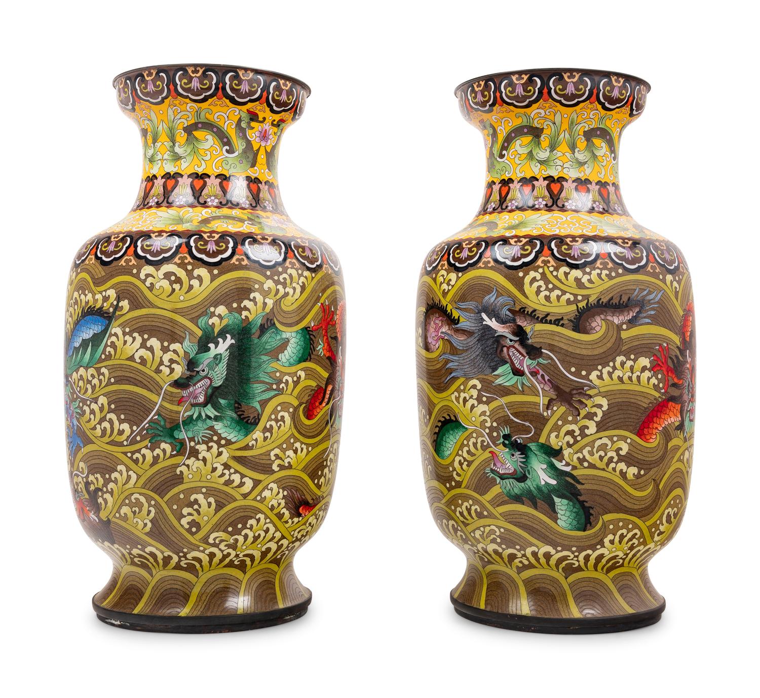 Seven Large Chinese Yellow Ground Cloisonné Enameled Vases
