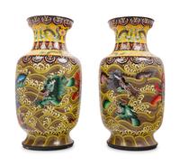 Seven Large Chinese Yellow Ground Cloisonné Enameled Vases