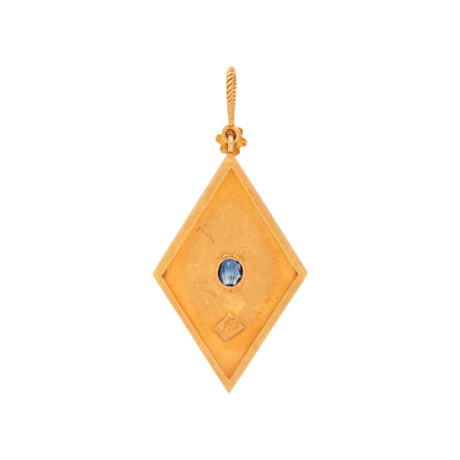 YELLOW GOLD, SAPPHIRE AND ENAMEL PENDANT