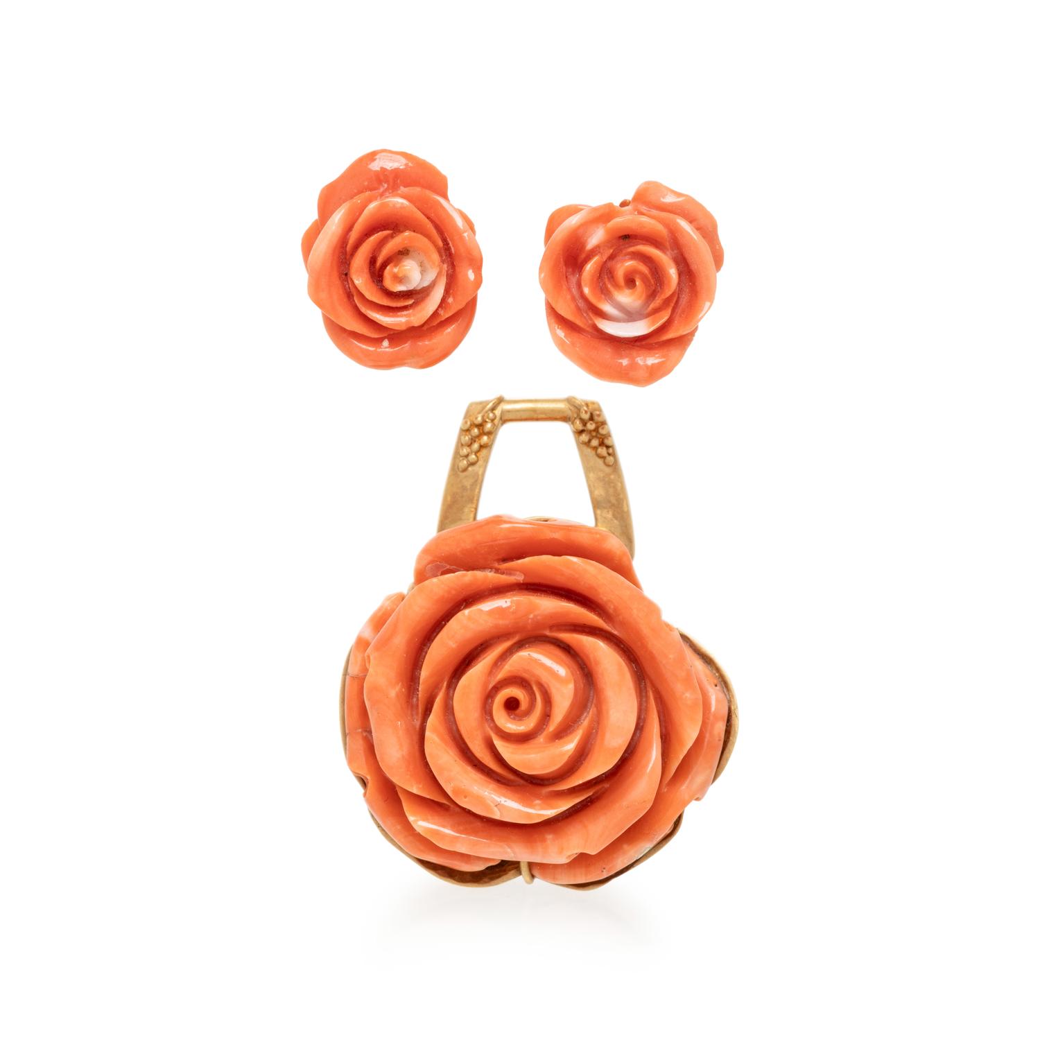 CARVED CORAL PENDANT AND EARRINGS