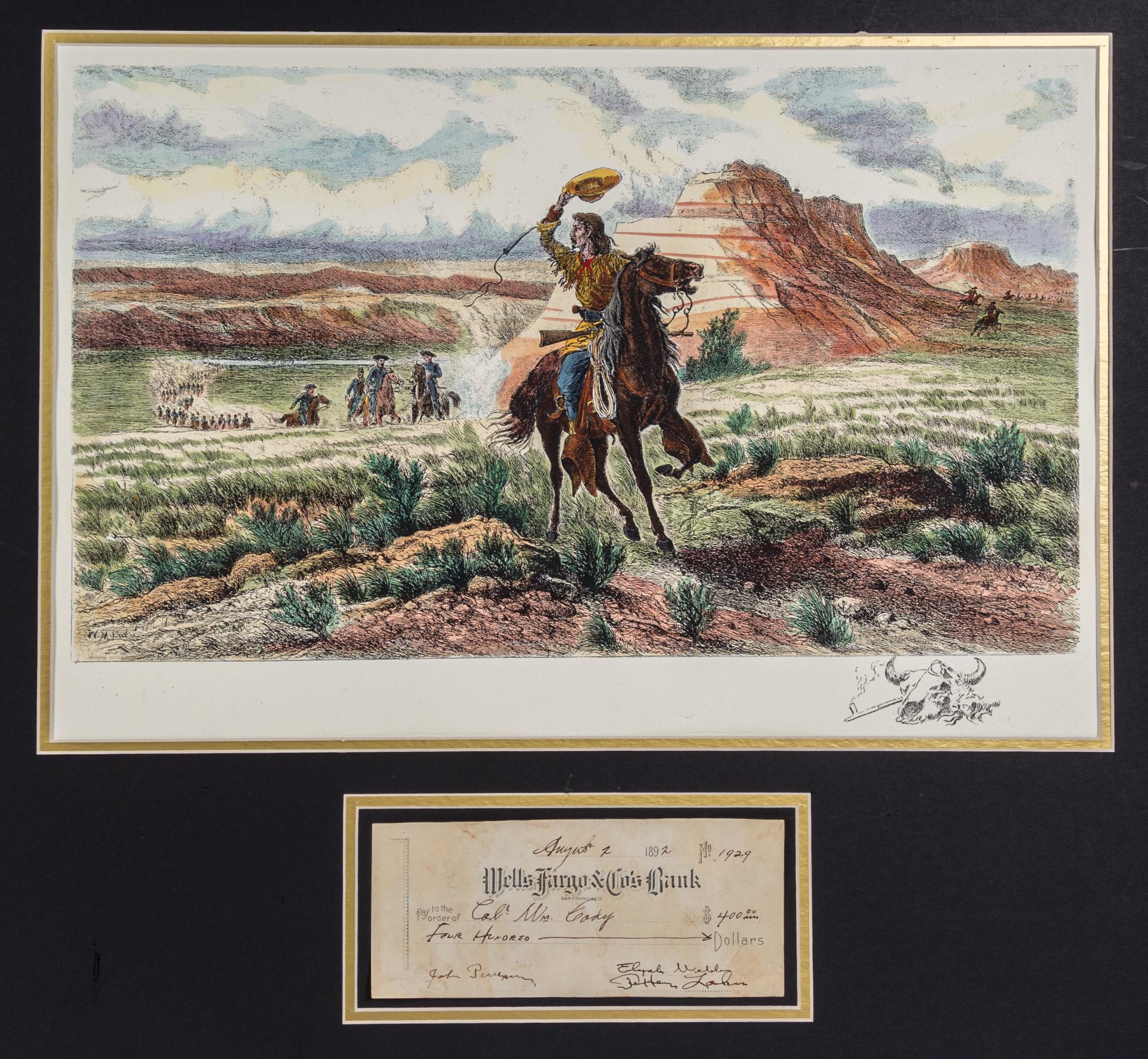 (BUFFALO BILL) CODY, WILLIAM. A check to William Cody for $400.00, August 2, 1929. With envelope w/orig. Buffalo Bill show stamp.