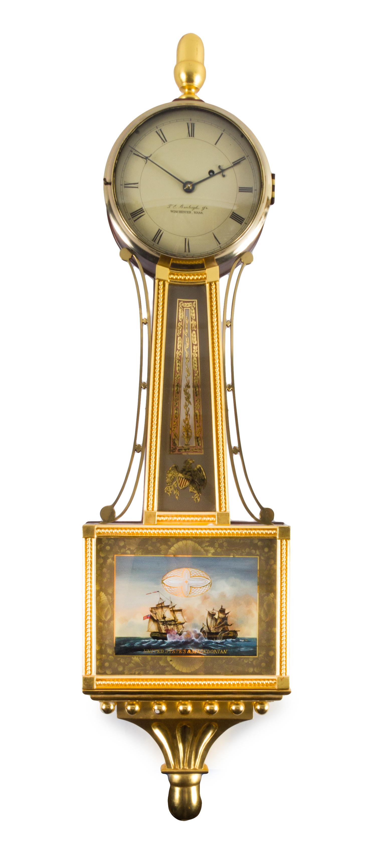 A Federal Style Mahogany and Parcel Gilt Banjo Clock Height 41 1/4 inches. — T.E. BURLEIGH, JR., WINCHESTER, MASSACHUSETTS, SECOND HALF 20TH CENTURY