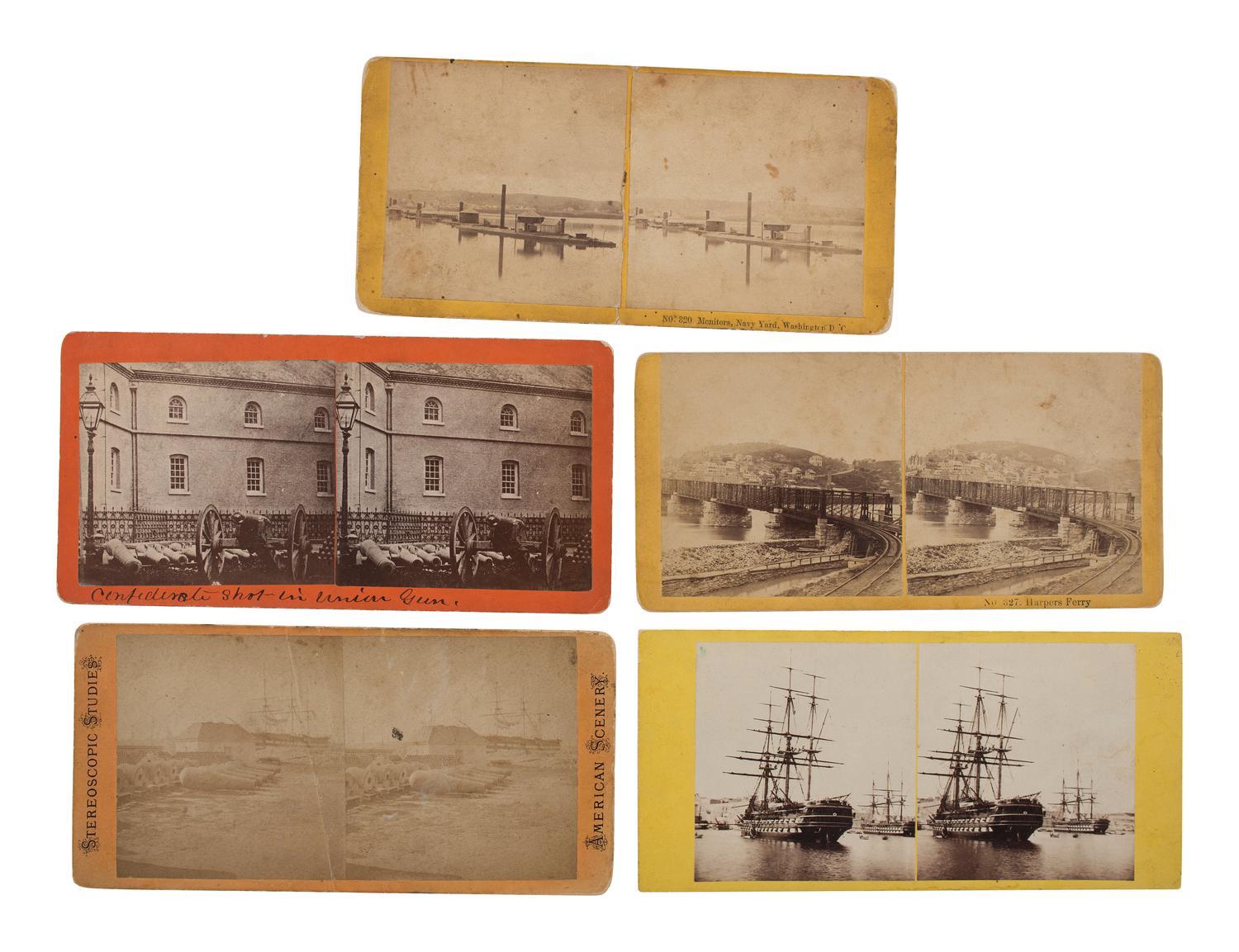 [CIVIL WAR]. A group of 5 stereoviews illustrating nautical and ordnance scenes, comprising: