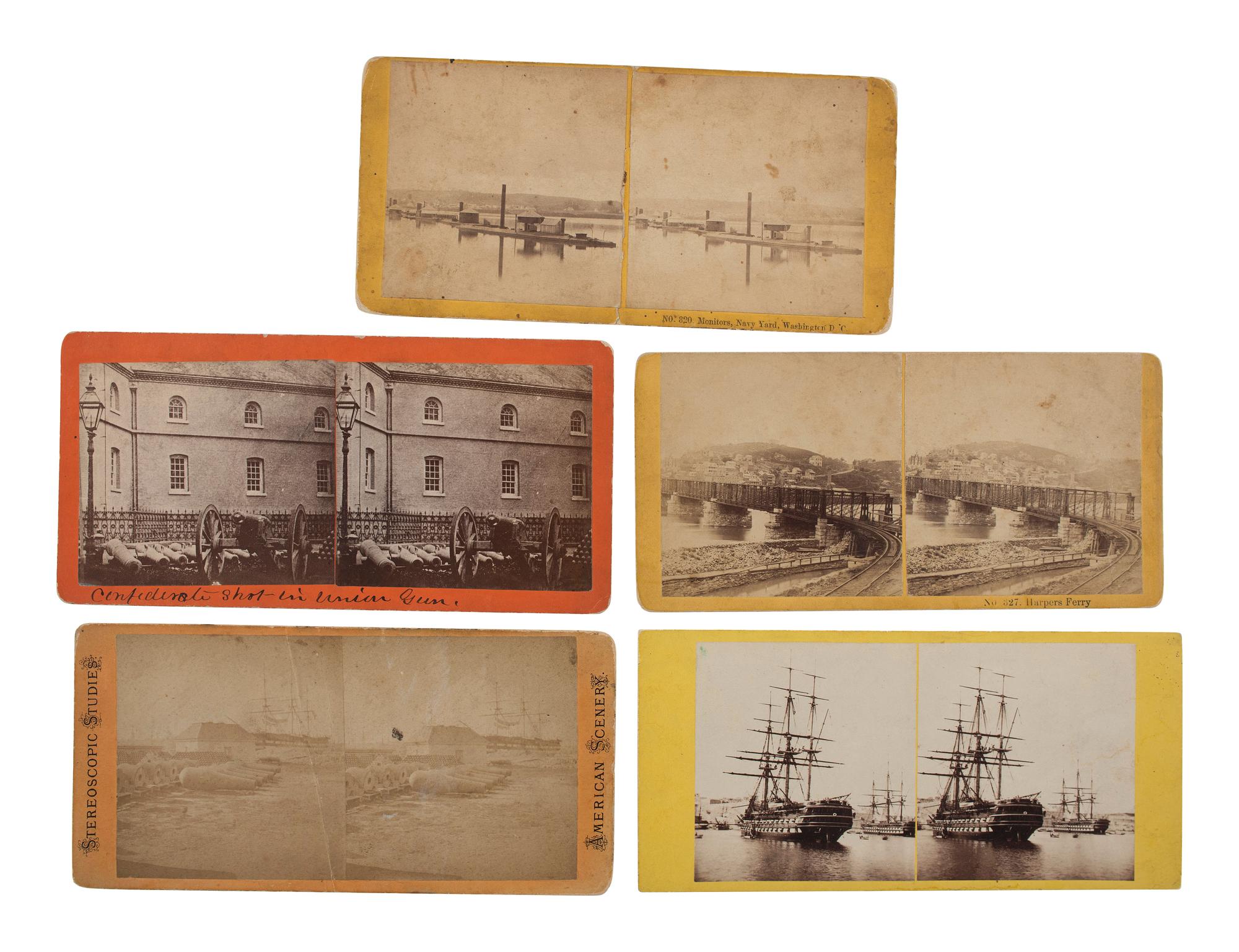 [CIVIL WAR]. A group of 5 stereoviews illustrating nautical and ordnance scenes, comprising: