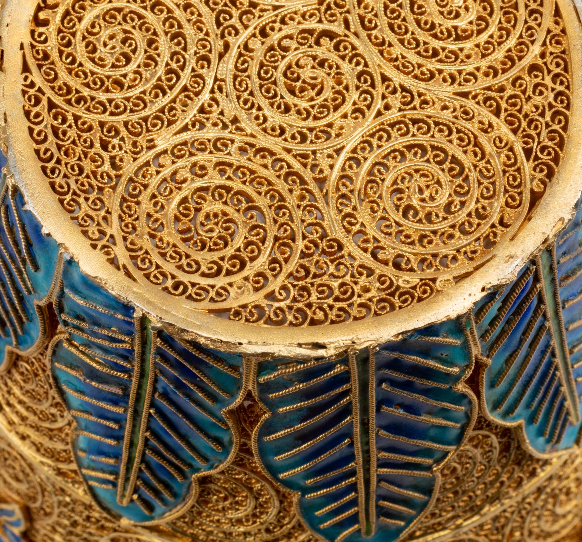 A Pair of Jeweled Silver-Gilt Filigree and Enamel Vases