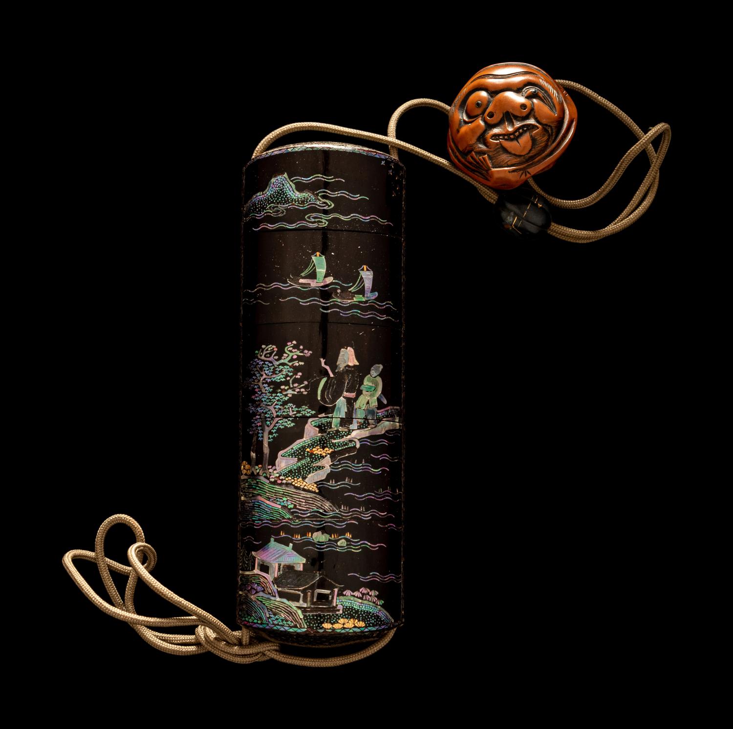 A Japanese Shell Inlaid Black Lacquer Four-Case Inro