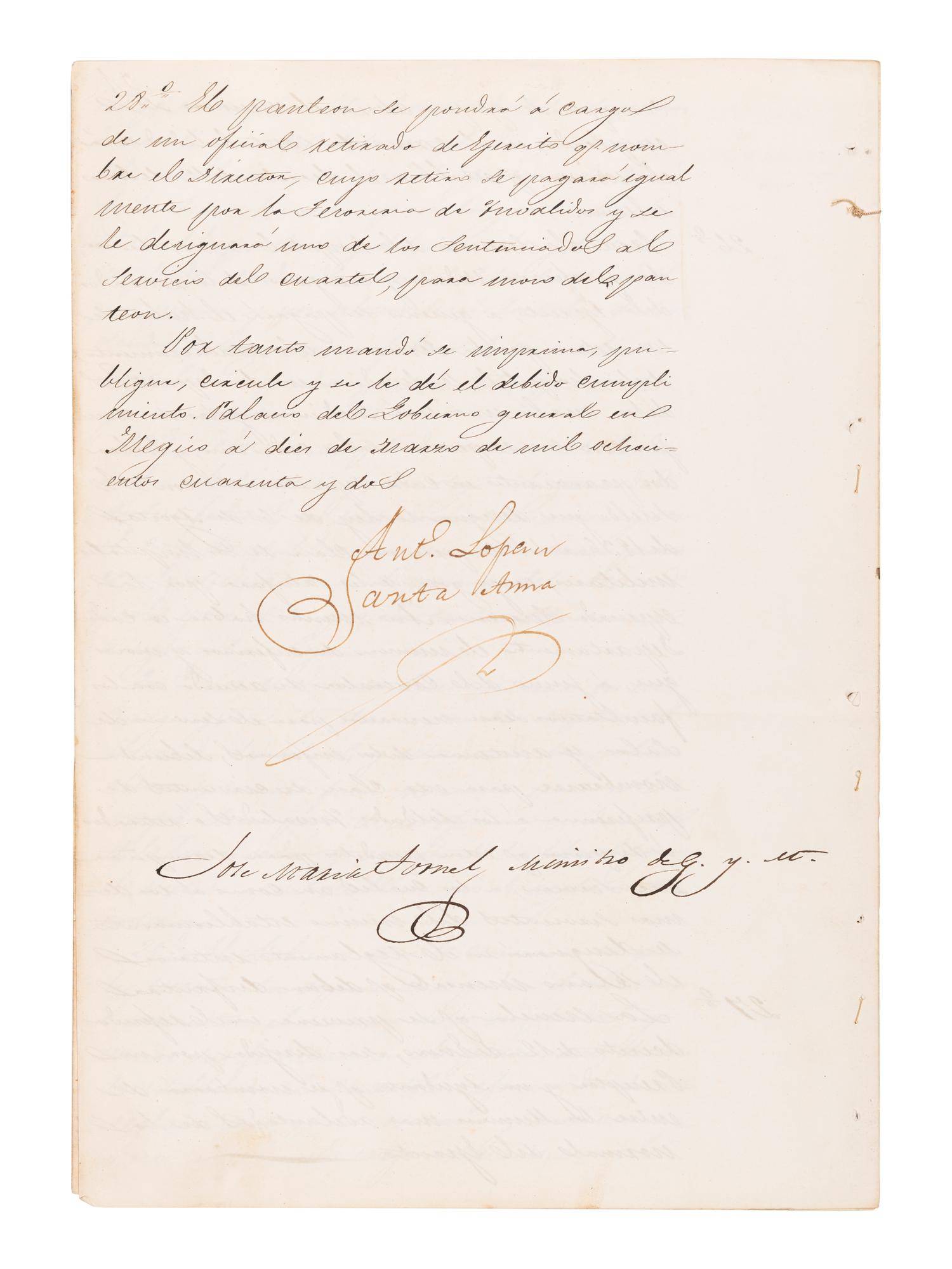 SANTA ANNA, Antonio López de (1794-1876). Manuscript document signed ("Ant. López Santa Anna"), as President of Mexico, countersigned by José María Tornel, Senior Minister of the War and Navy, 10 March 1842.