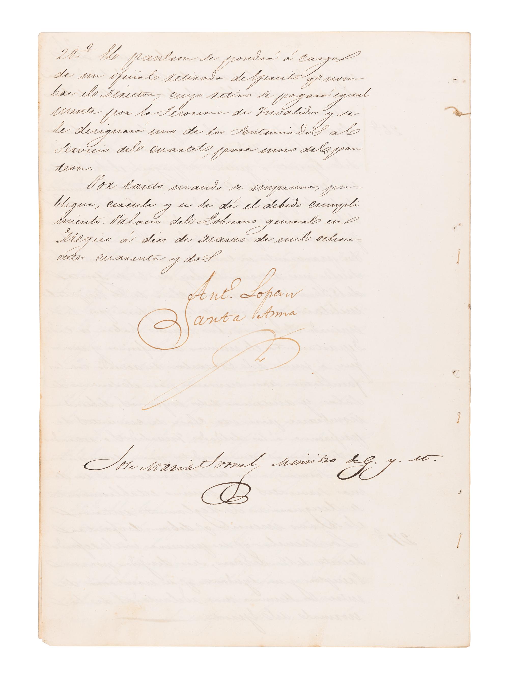 SANTA ANNA, Antonio López de (1794-1876). Manuscript document signed ("Ant. López Santa Anna"), as President of Mexico, countersigned by José María Tornel, Senior Minister of the War and Navy, 10 March 1842.