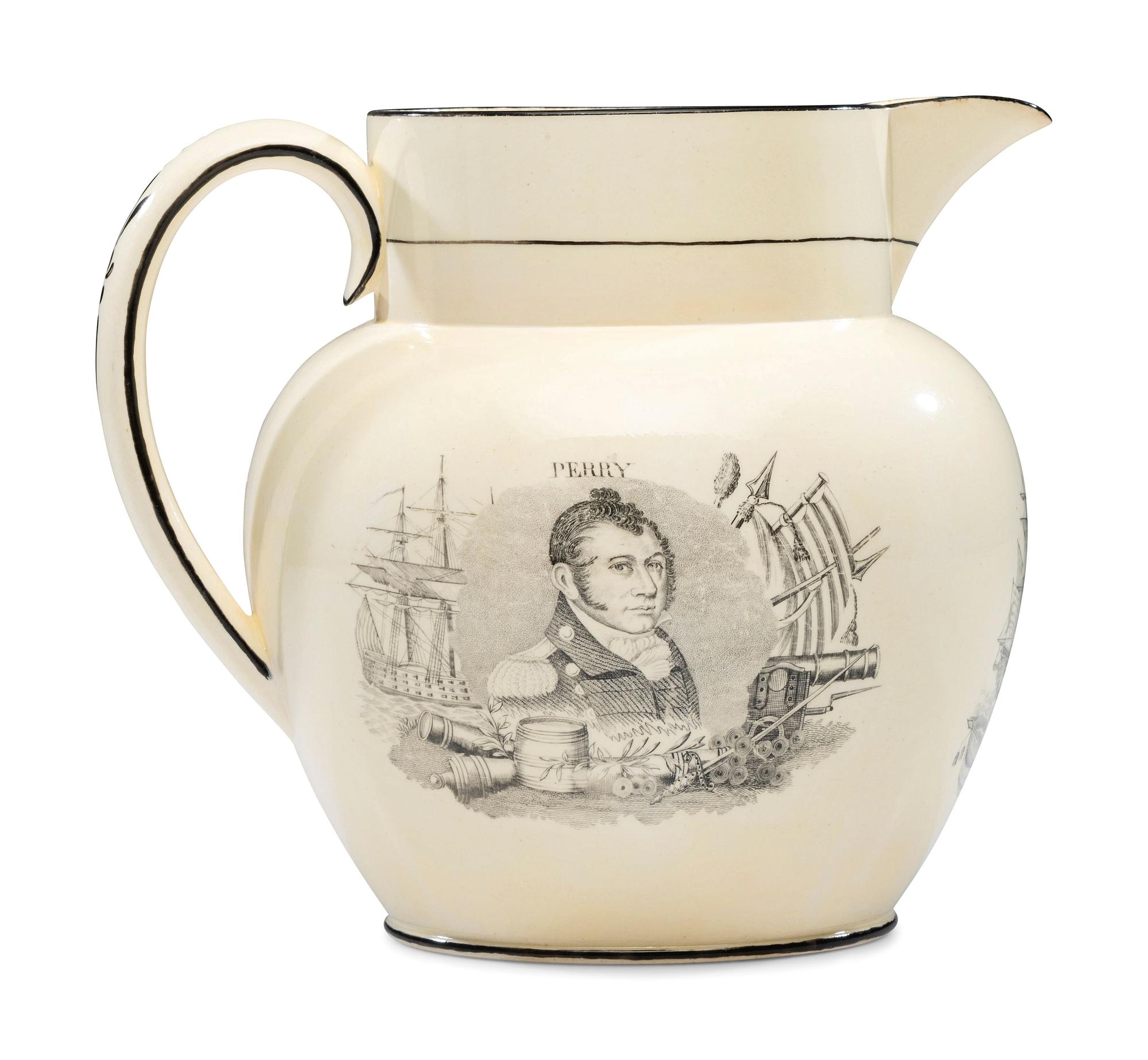 A Very Rare Staffordshire Transfer-Print Creamware War of 1812 Portrait Pitcher