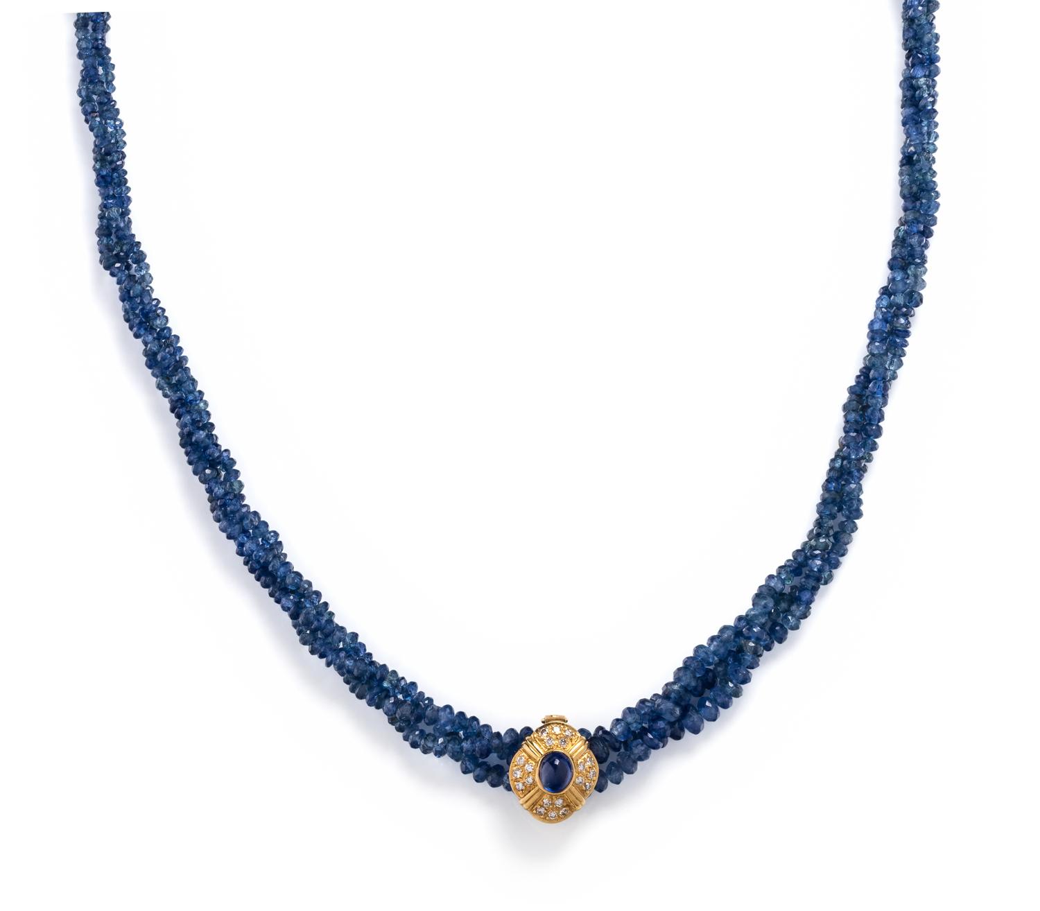 YELLOW GOLD, SAPPHIRE AND DIAMOND BEAD NECKLACE
