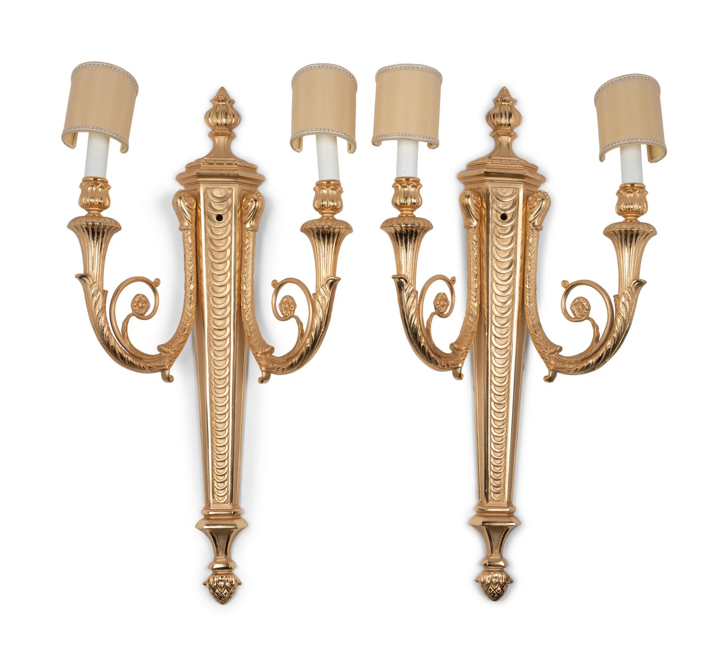A Pair of Louis XVI Style Gilt Bronze Two-Light Sconces