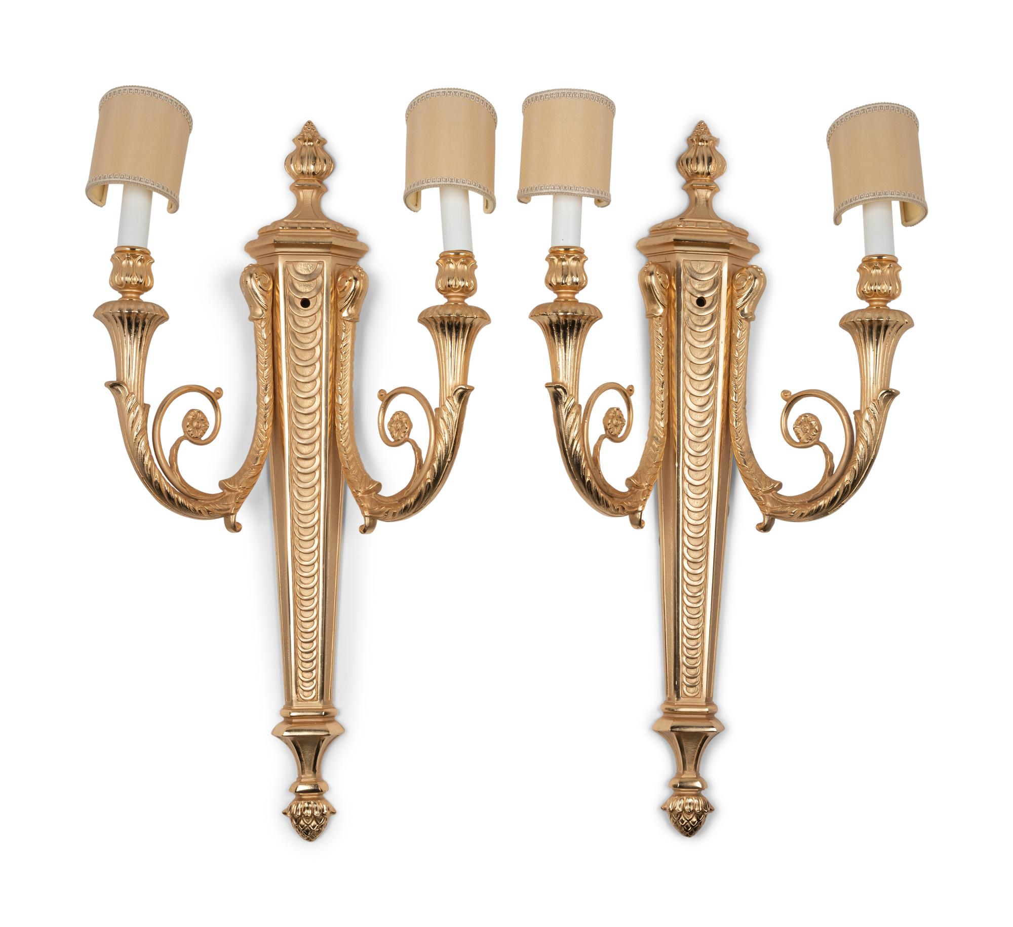 A Pair of Louis XVI Style Gilt Bronze Two-Light Sconces