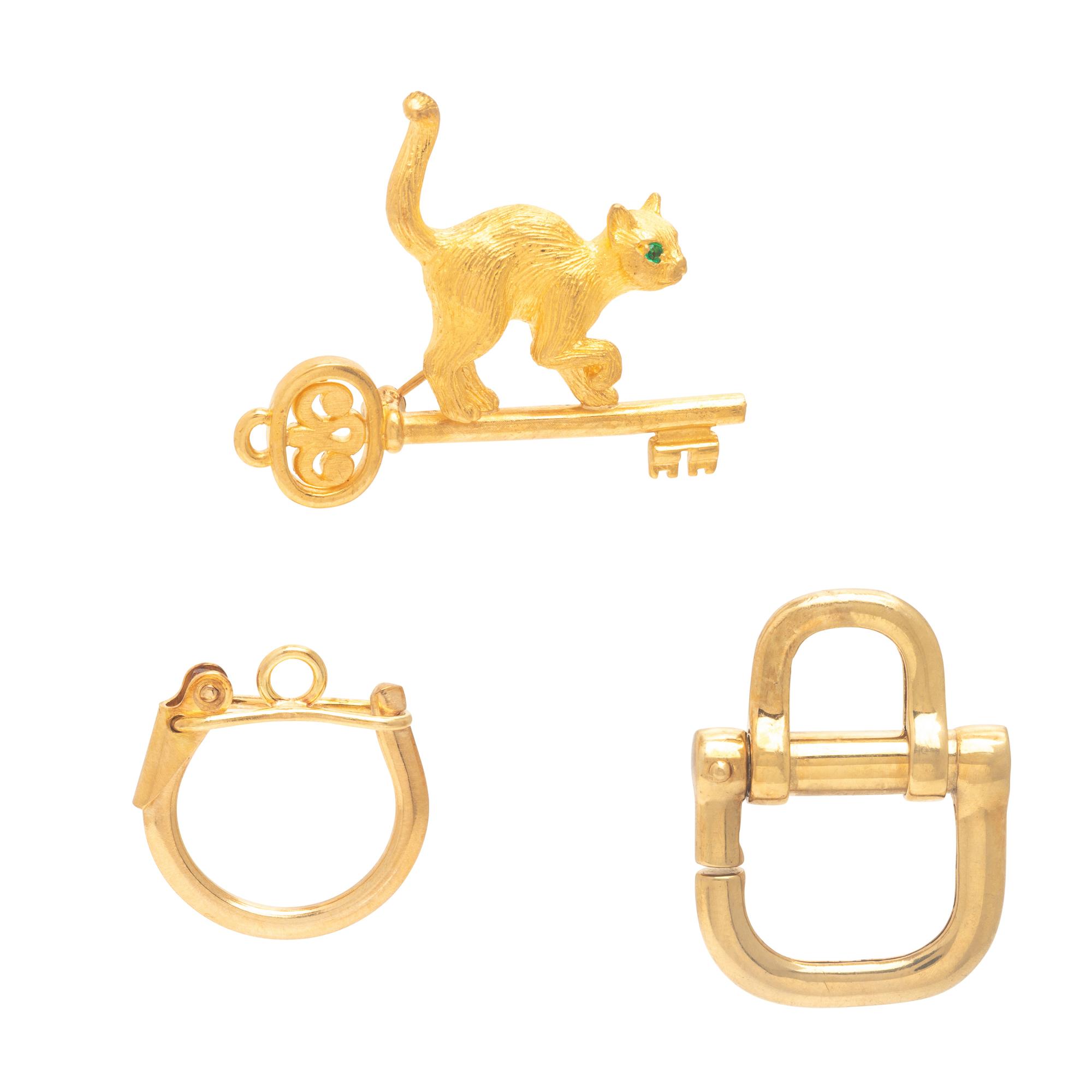 Yellow Gold Cat Pendant Brooch and Two Yellow Gold Accessories