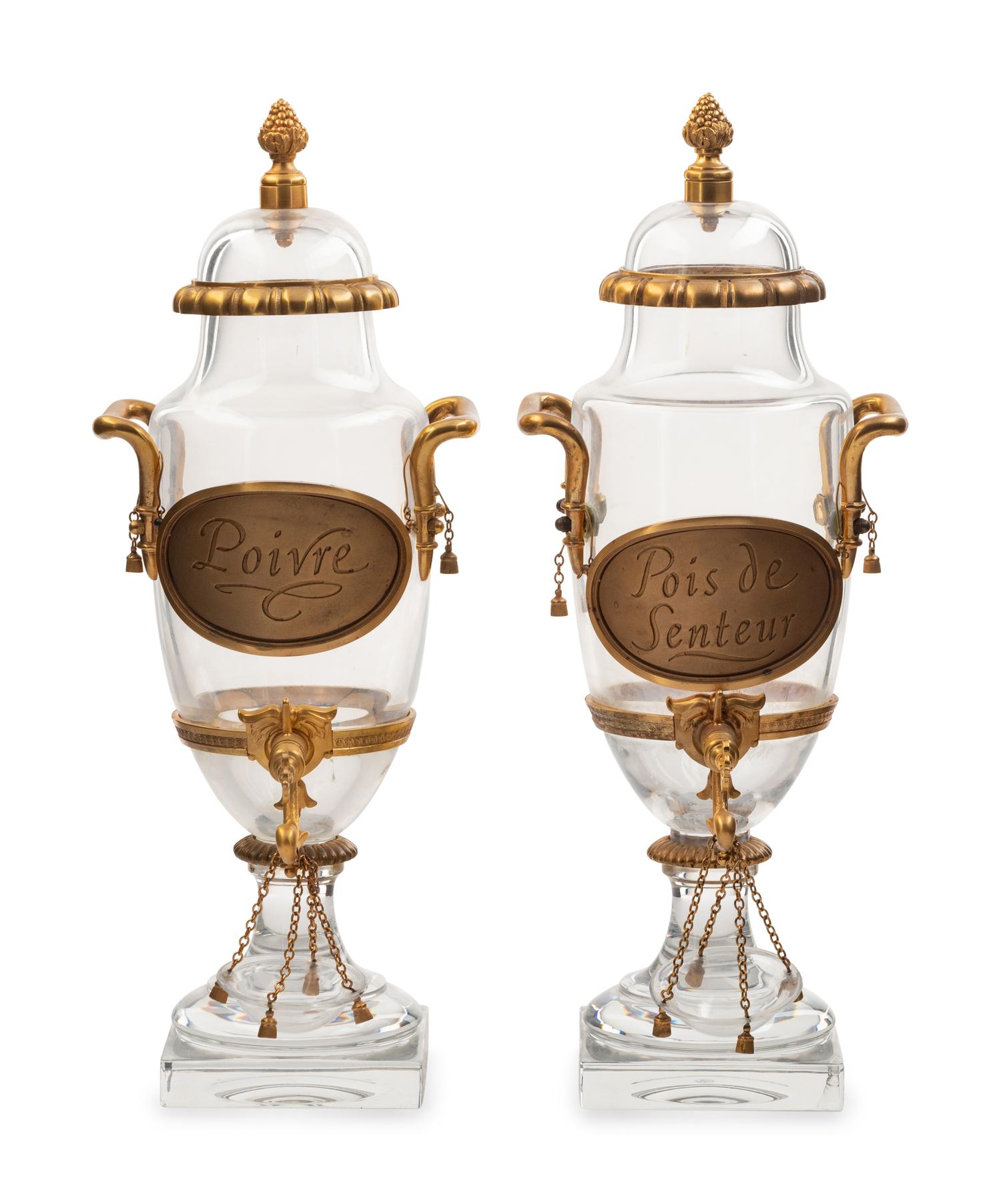 A Pair of French Gilt-Bronze Mounted Glass Drink Dispensers