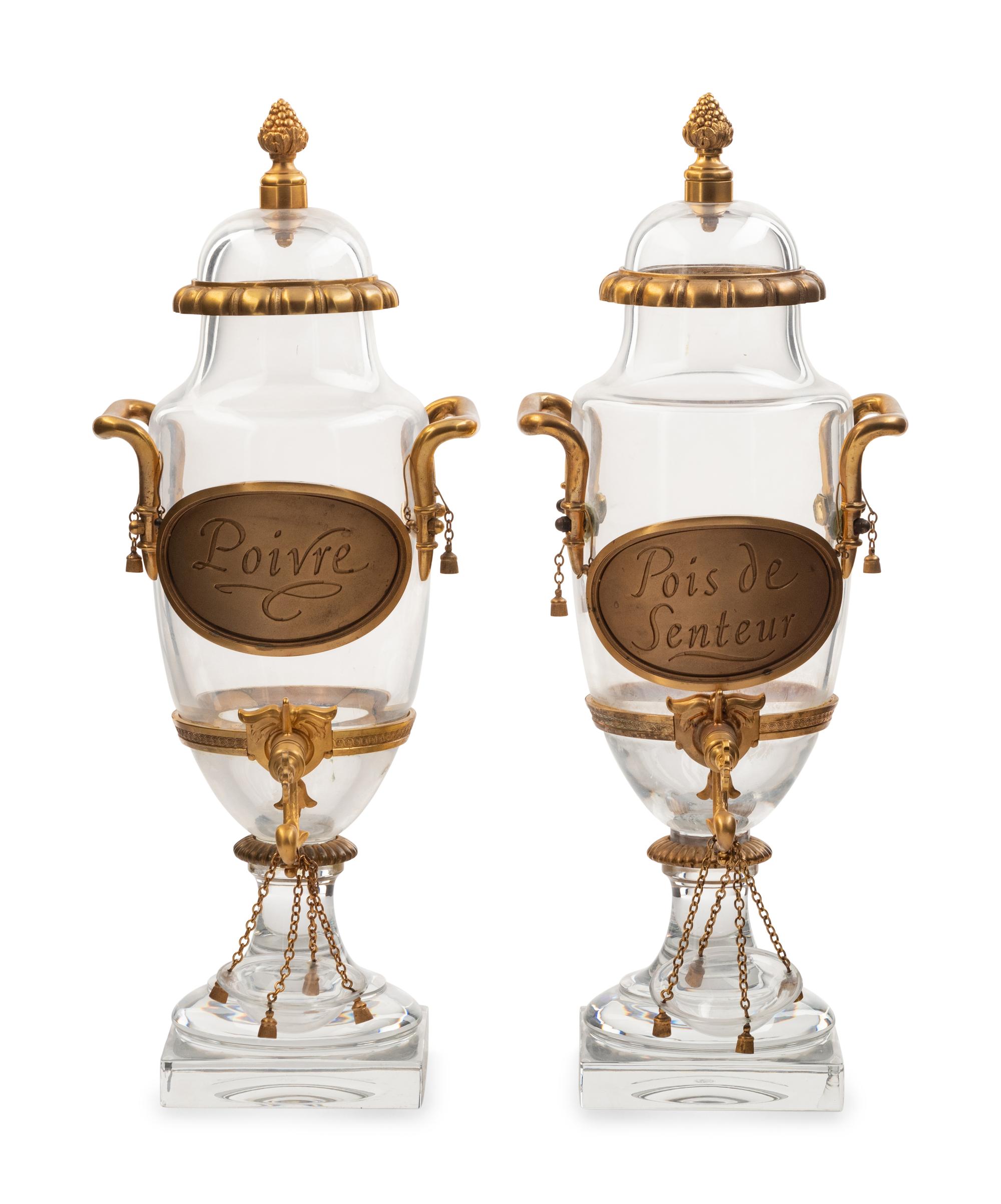 A Pair of French Gilt-Bronze Mounted Glass Drink Dispensers