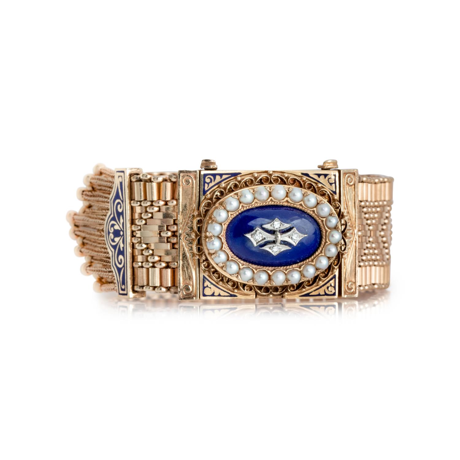 CONVERTIBLE 14K YELLOW GOLD, ENAMEL, DIAMOND AND PEARL SURPRISE WRISTWATCH/BRACELET