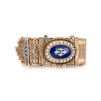 CONVERTIBLE 14K YELLOW GOLD, ENAMEL, DIAMOND AND PEARL SURPRISE WRISTWATCH/BRACELET