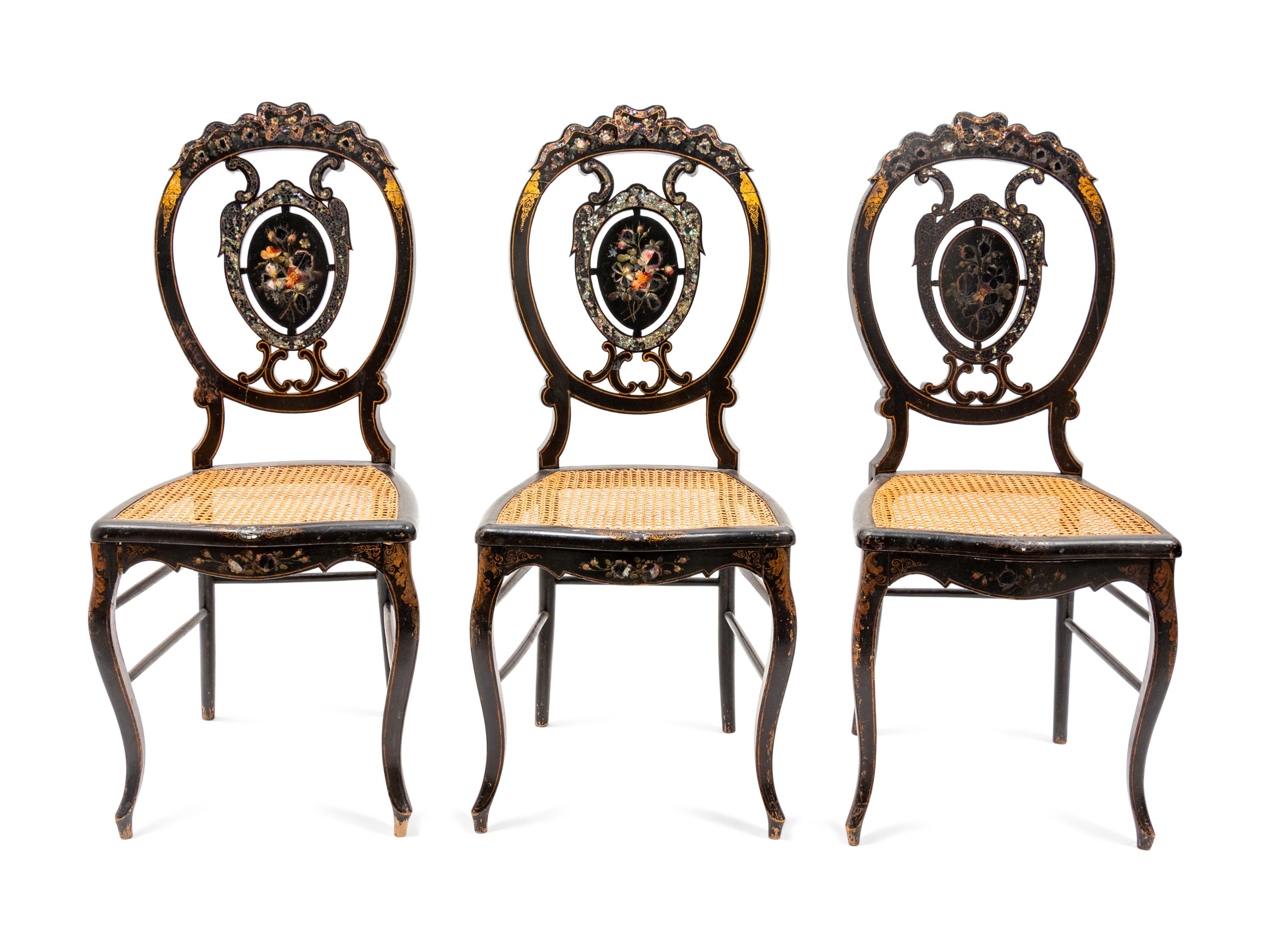 Five Victorian Lacquer and Mother-of-Pearl Inlaid Side Chairs