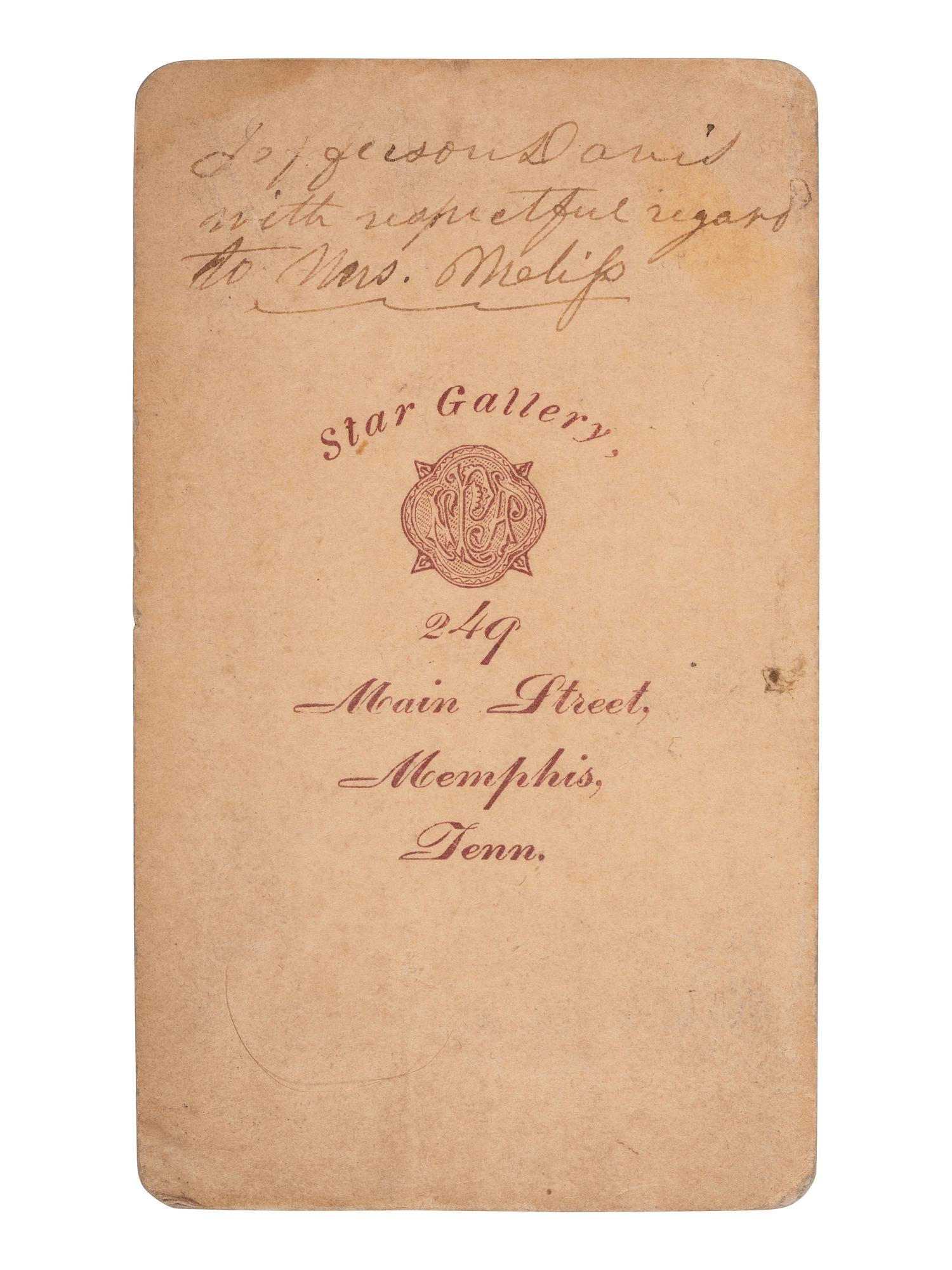 [CIVIL WAR]. DAVIS, Jefferson (1808-1889). Signed CDV of the aged former CSA President. Memphis, TN: Star Gallery, ca 1870s.