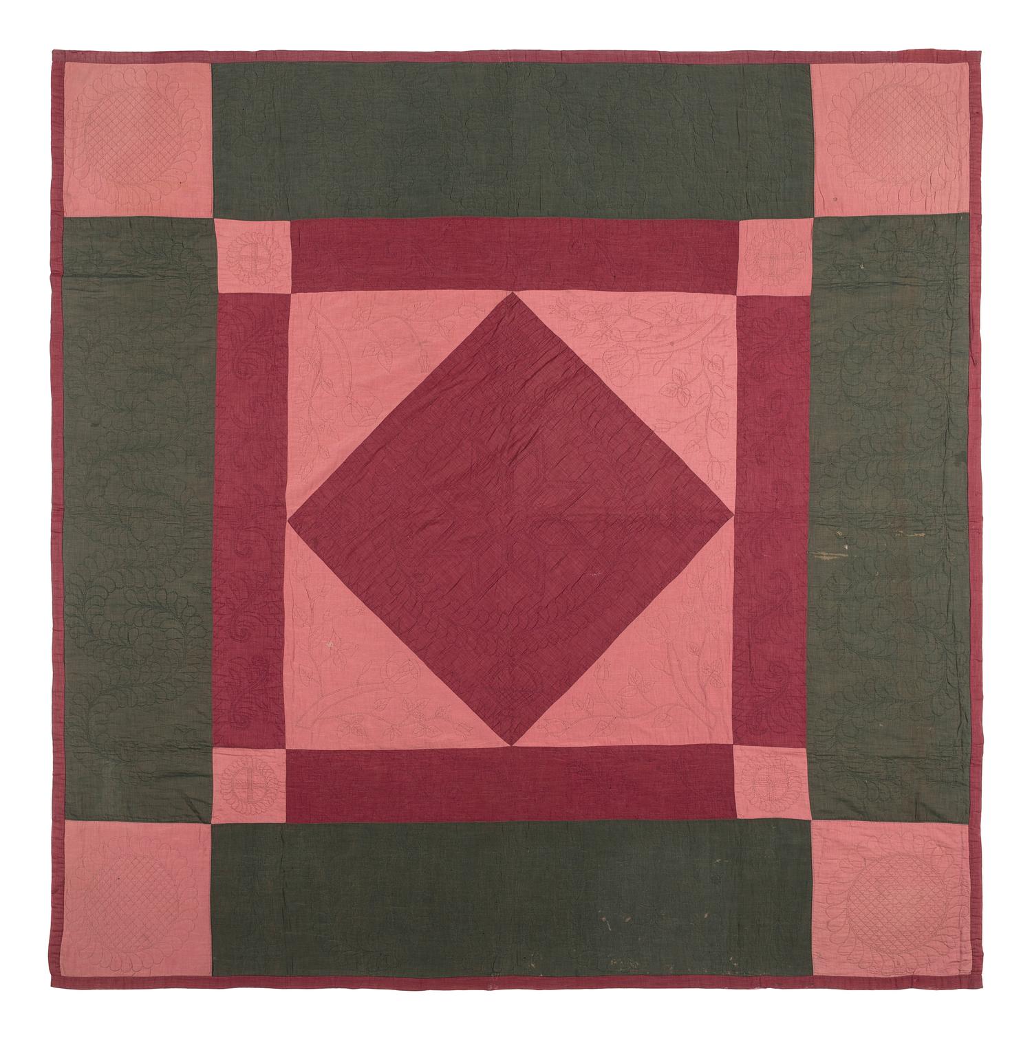 An Amish Diamond in the Square Pattern Pieced Wool Quilt