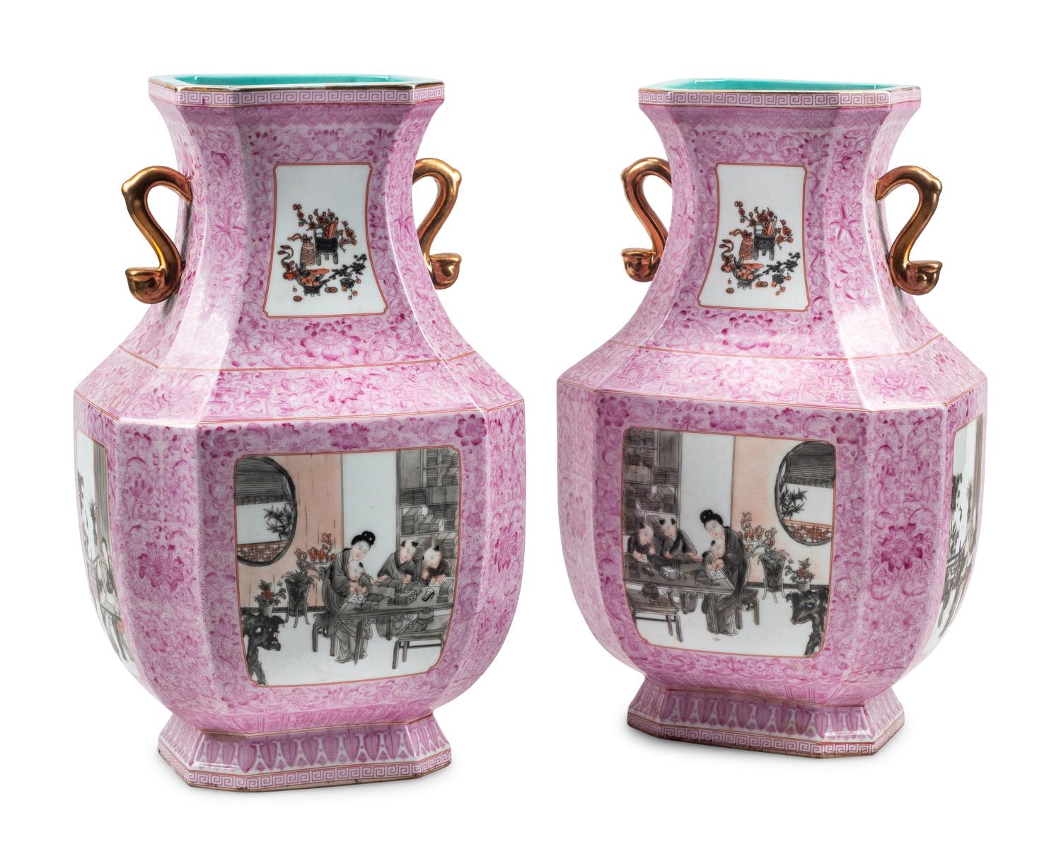 A Pair of Chinese Pink-Ground Porcelain and Grisaille Enamel Vases