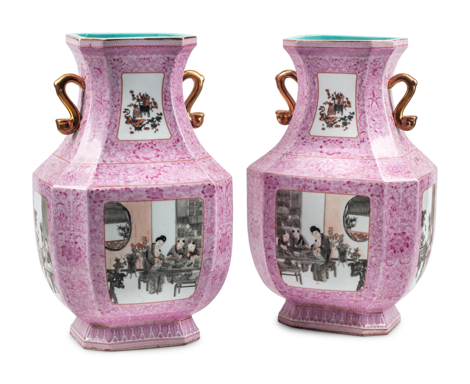 A Pair of Chinese Pink-Ground Porcelain and Grisaille Enamel Vases